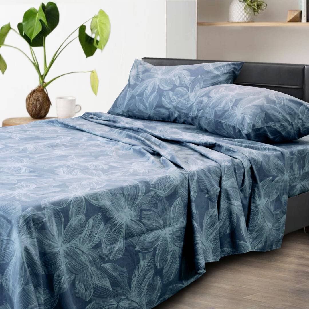 Essina Queen Sheet Set - 4-Piece 100% Cotton Bedding Set with Deep Pocket Fitted Sheet, Flat Sheet & 2 Pillowcases - 620 Thread Count Ultra Soft Breathable Cooling Sheets - Clematis Floral Pattern - Perfect for Hot Sleepers & Luxury Bedroom Decor