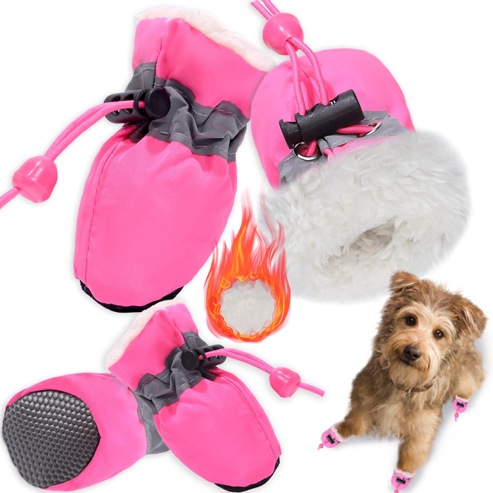 **Dog Winter Boots with Reflective Strips – Warm Paw Protector for Small & Medium Dogs (4PCs, Pink, Size 6) – Ideal for Snow, Ice, and Outdoor Adventures**