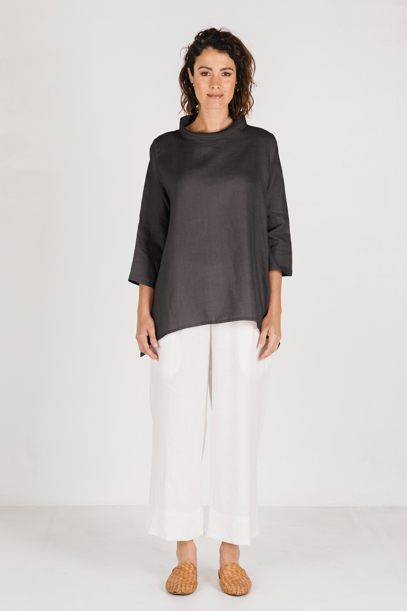 Premium Caro Linen Top in Charcoal - Breathable & Stylish Women's Blouse for Summer, Office Wear & Casual Outings