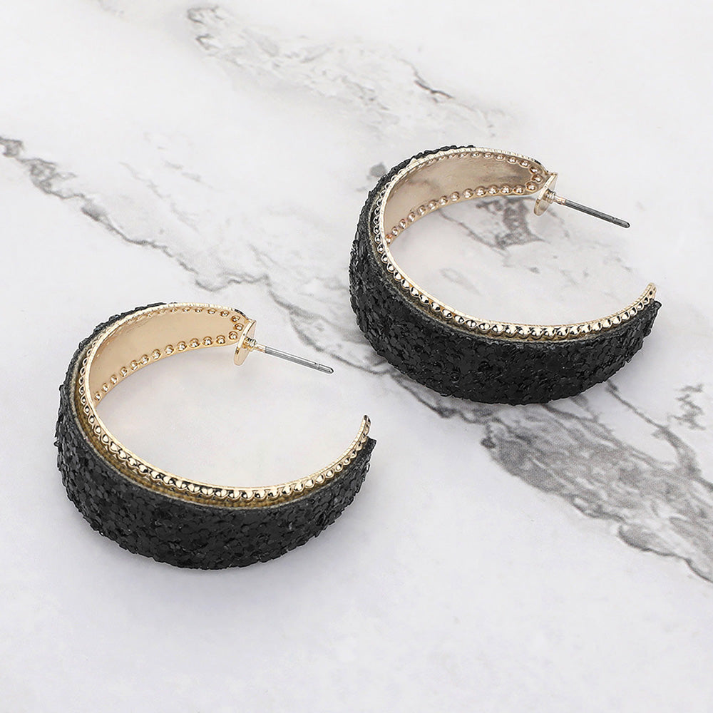 Black Glitter Half Hoop Pageant Earrings for Women - Elegant Prom, Wedding & Party Jewelry - Perfect for Pageants, Evening Events & Special Occasions