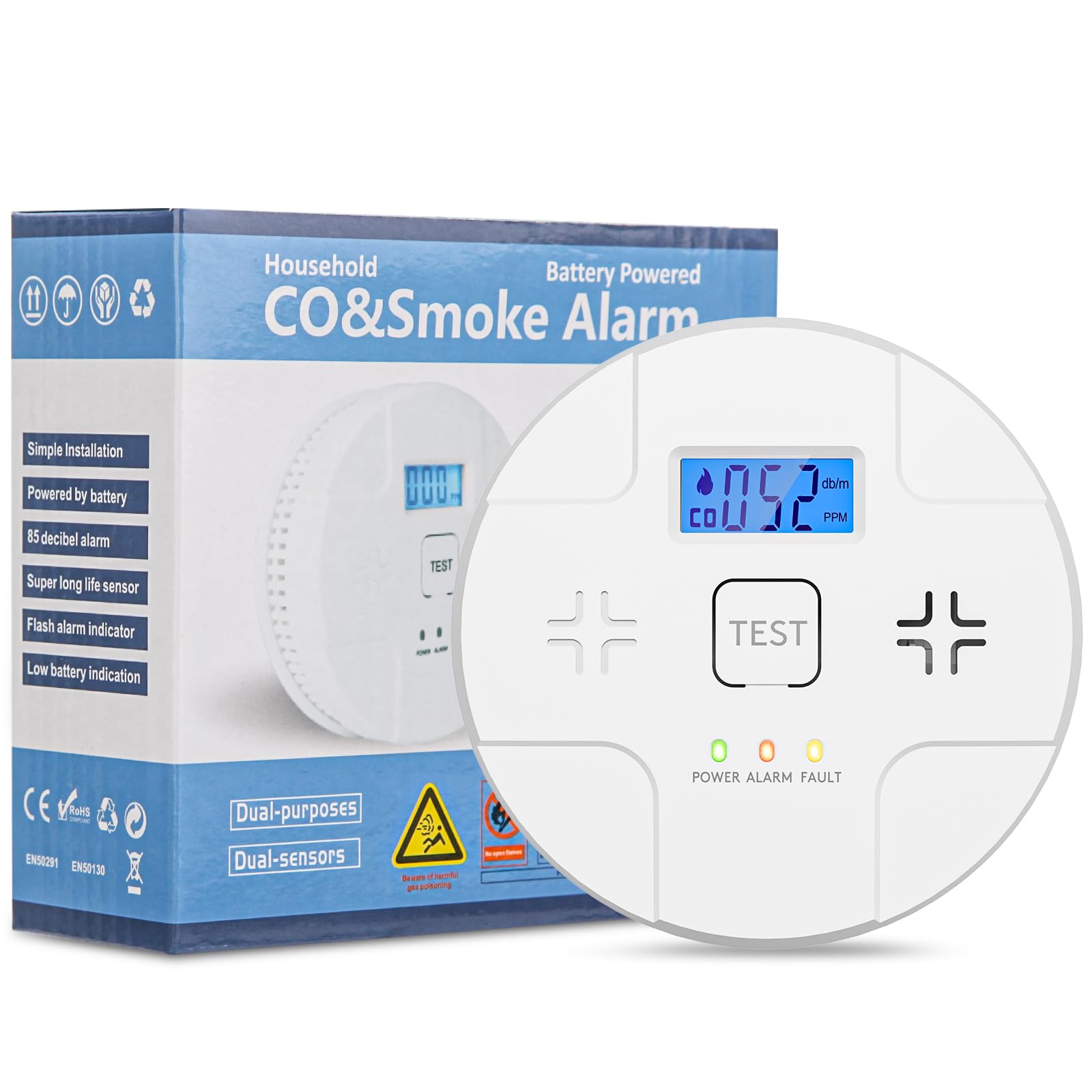 2-in-1 Smoke and Carbon Monoxide Detector Alarm with LCD Display - 85dB Loud Alert, Low Battery Warning & Self-Test Button - Includes 3 AA Batteries - Easy Installation for Home, Apartment, and Office Safety Protection