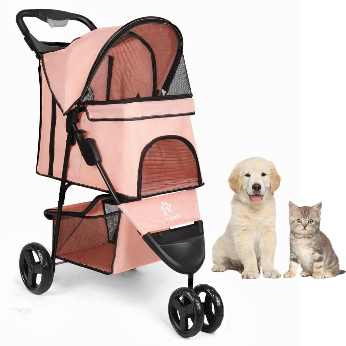 Timati 3-Wheel Foldable Pet Stroller for Dogs & Cats - Lightweight Carrier with Brake System, Sun Canopy, Cup Holders & Storage Basket (Pink) | Perfect for Park Walks, Vet Visits & Shopping Trips