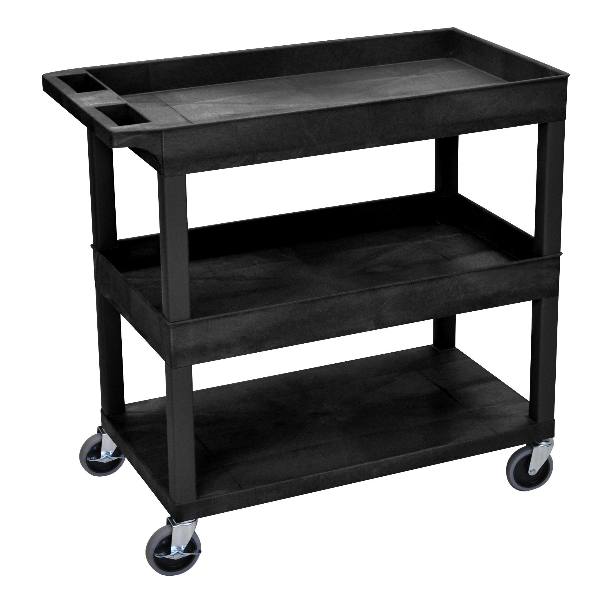 Luxor High Capacity 2-Tub & 1 Flat Shelf Utility Cart - Black | Perfect for Kitchen, Office, or Warehouse Organization
