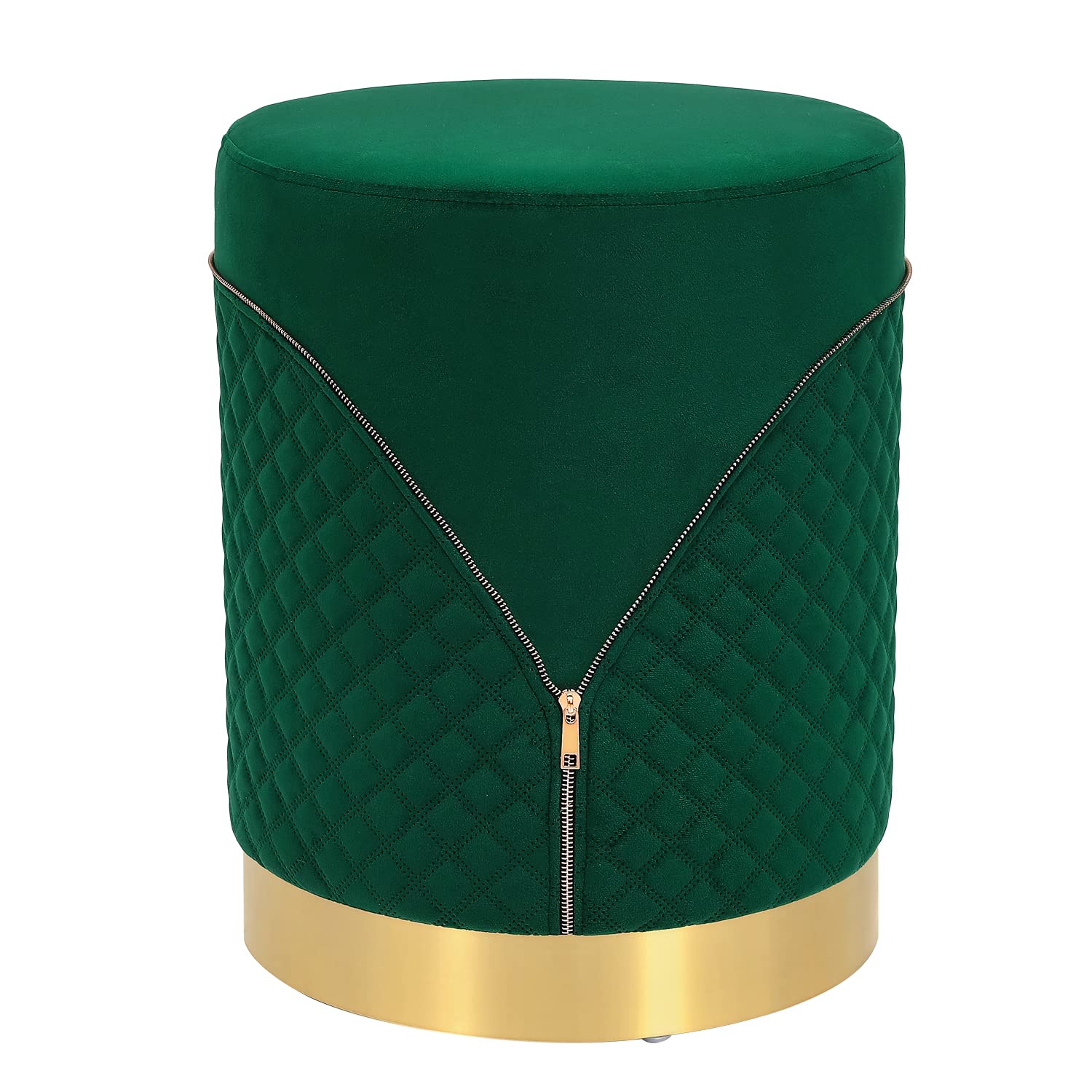 Round Velvet Ottoman Foot Stool with Gold Plated Base - Upholstered Accent Makeup Stool for Living Room, Bedroom & Kids Room (Green) - Perfect for Home Decor, Relaxing & Vanity Areas