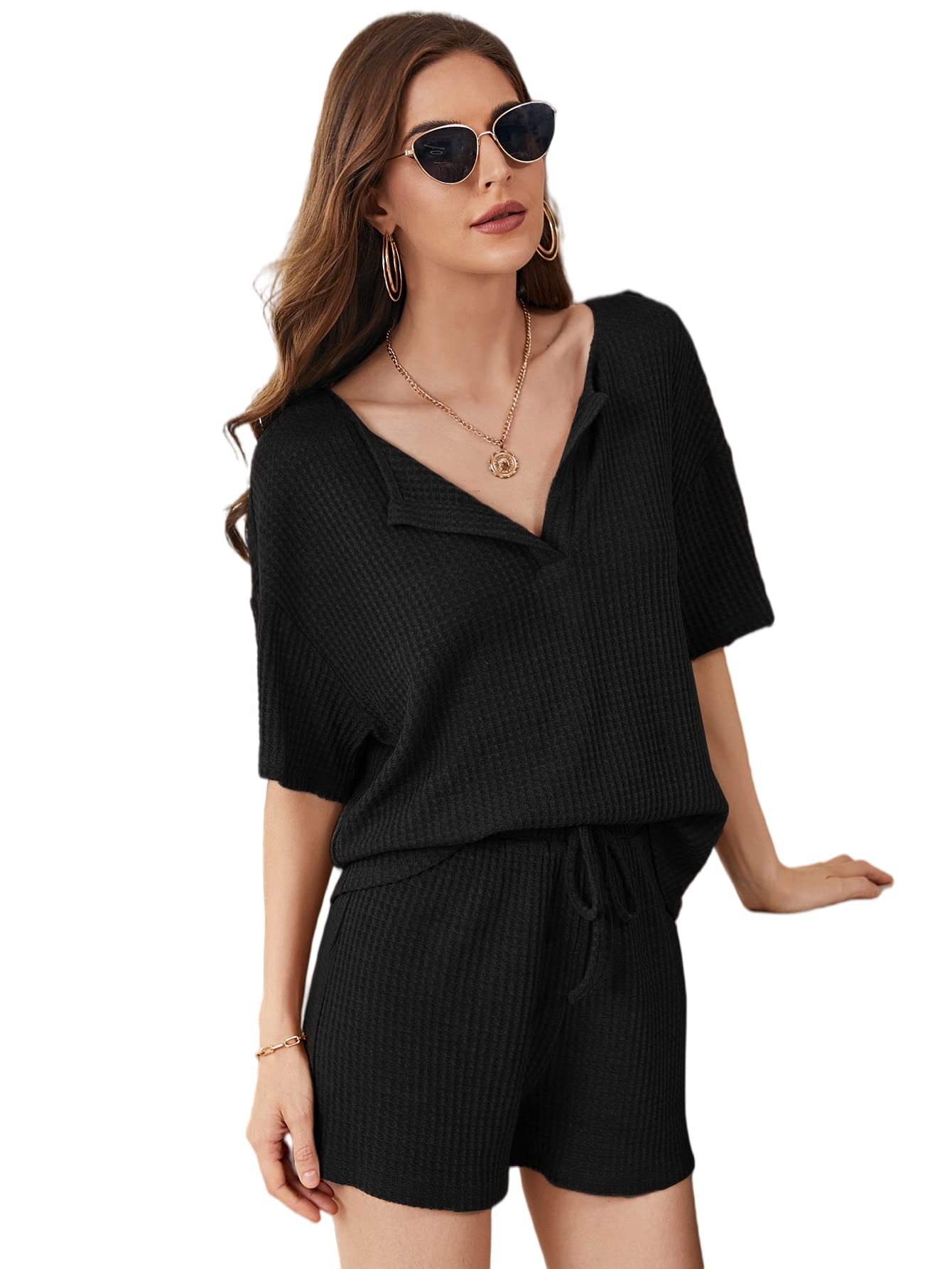 Milumia Women's Two Piece Outfit - Notched Neck Waffle Knit Blouse Top & Shorts Set | Casual Summer Outfit for Beach, Vacation & Streetwear