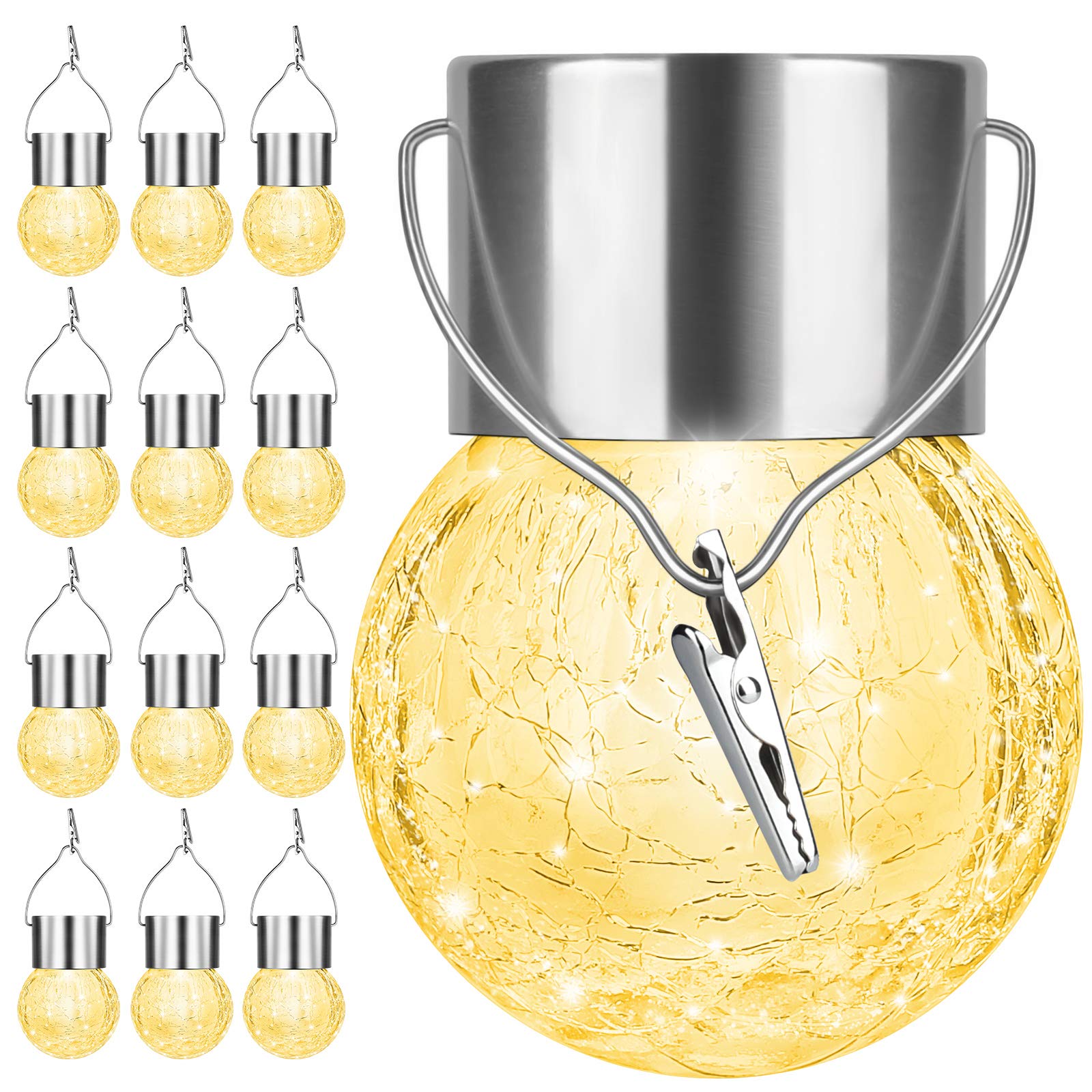 12 Pack Solar Powered Outdoor Hanging Lights - Waterproof Cracked Glass LED Ball Lights with Handle for Garden, Yard, Patio, Fence & Christmas Decor - Warm White - Perfect for Backyard, Pathway & Holiday Lighting