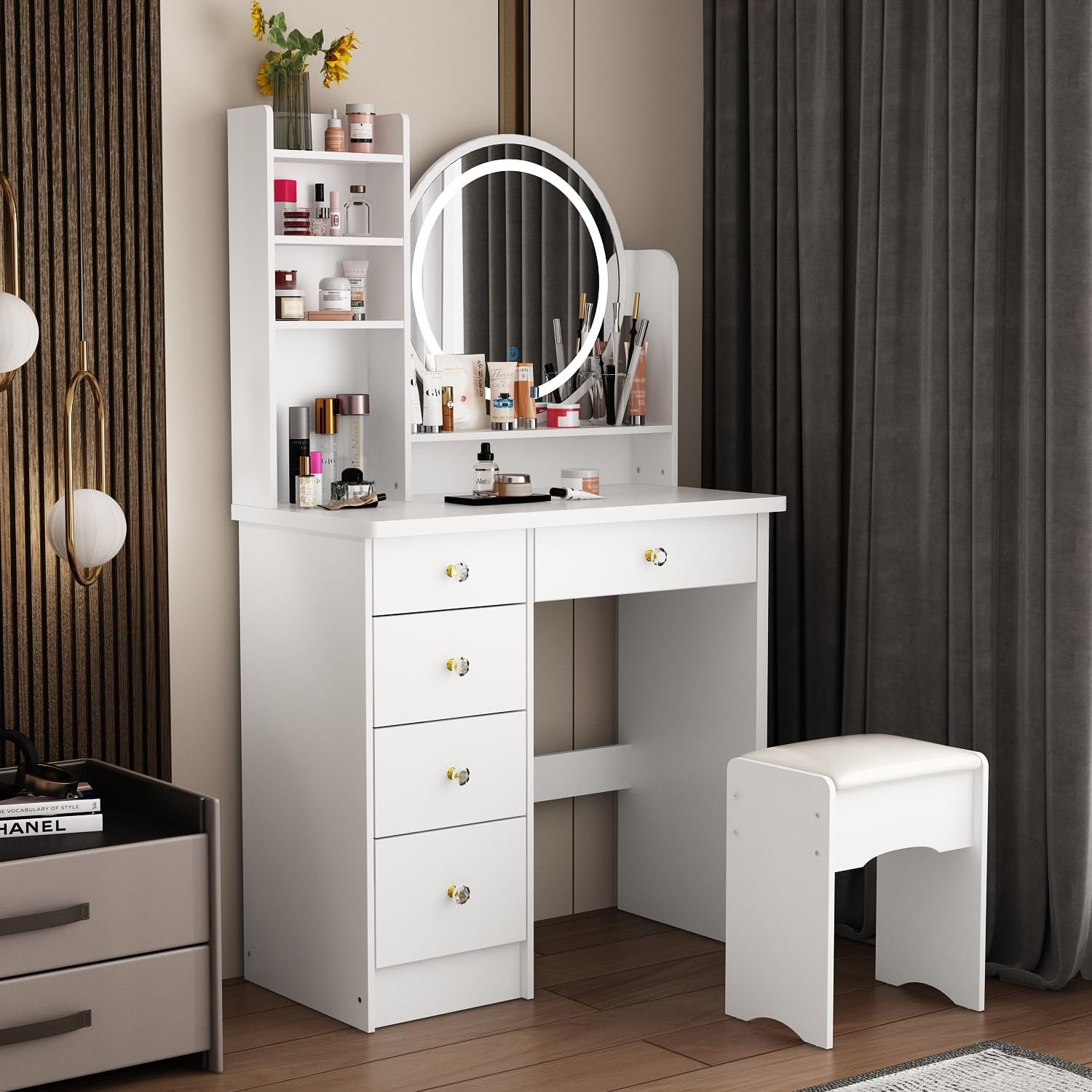 White Vanity Desk Set with LED Lighted Round Mirror - 5-Drawer Makeup Dressing Table with Storage Shelves & Cushioned Stool for Bedroom | Perfect for Makeup Application, Skincare Routine & Home Decor