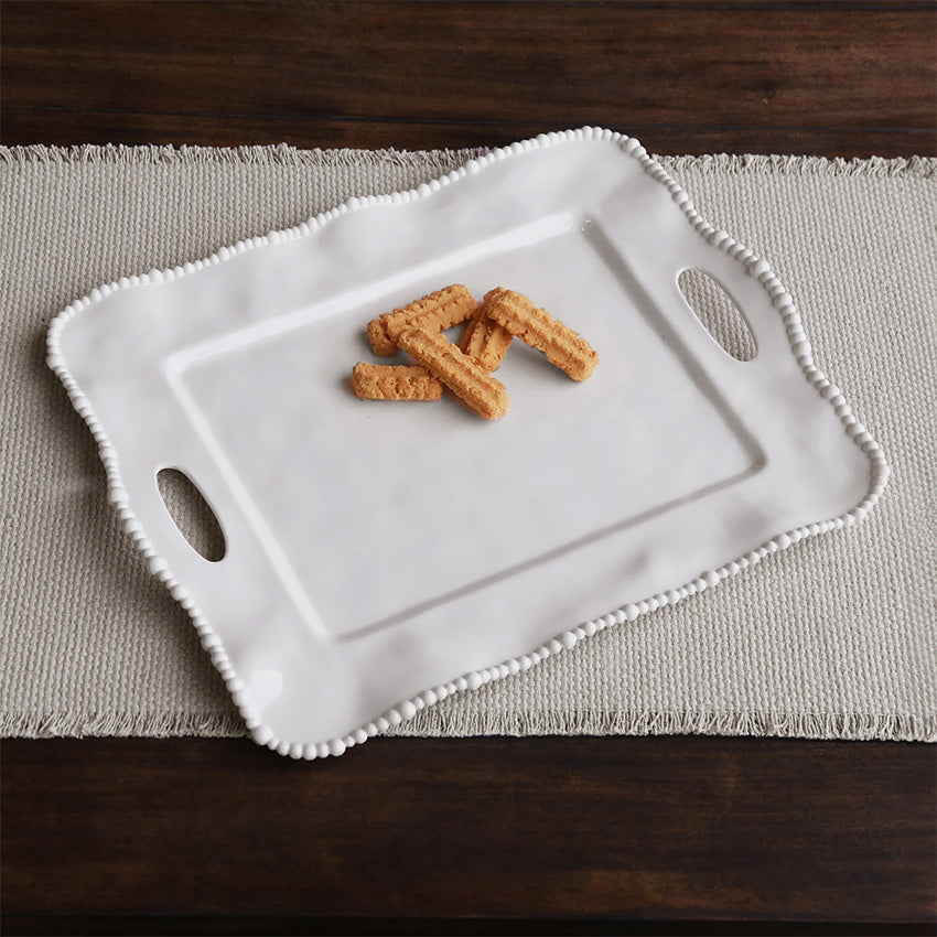 Beatriz Ball Vida Alegria Rectangular Serving Tray with Handles - Elegant White Entertaining Platter for Parties, Dining & Home Decor