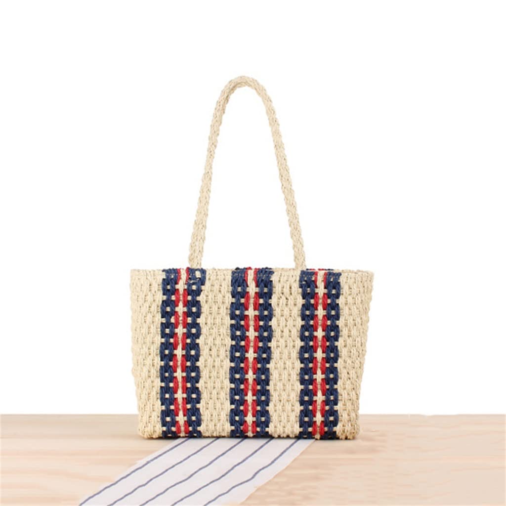 Bohemian Striped Knitted Straw Tote Bag for Women - Handmade Summer Beach Shoulder Bag - Large Capacity One Size - Perfect for Beach Outings, Picnics & Shopping