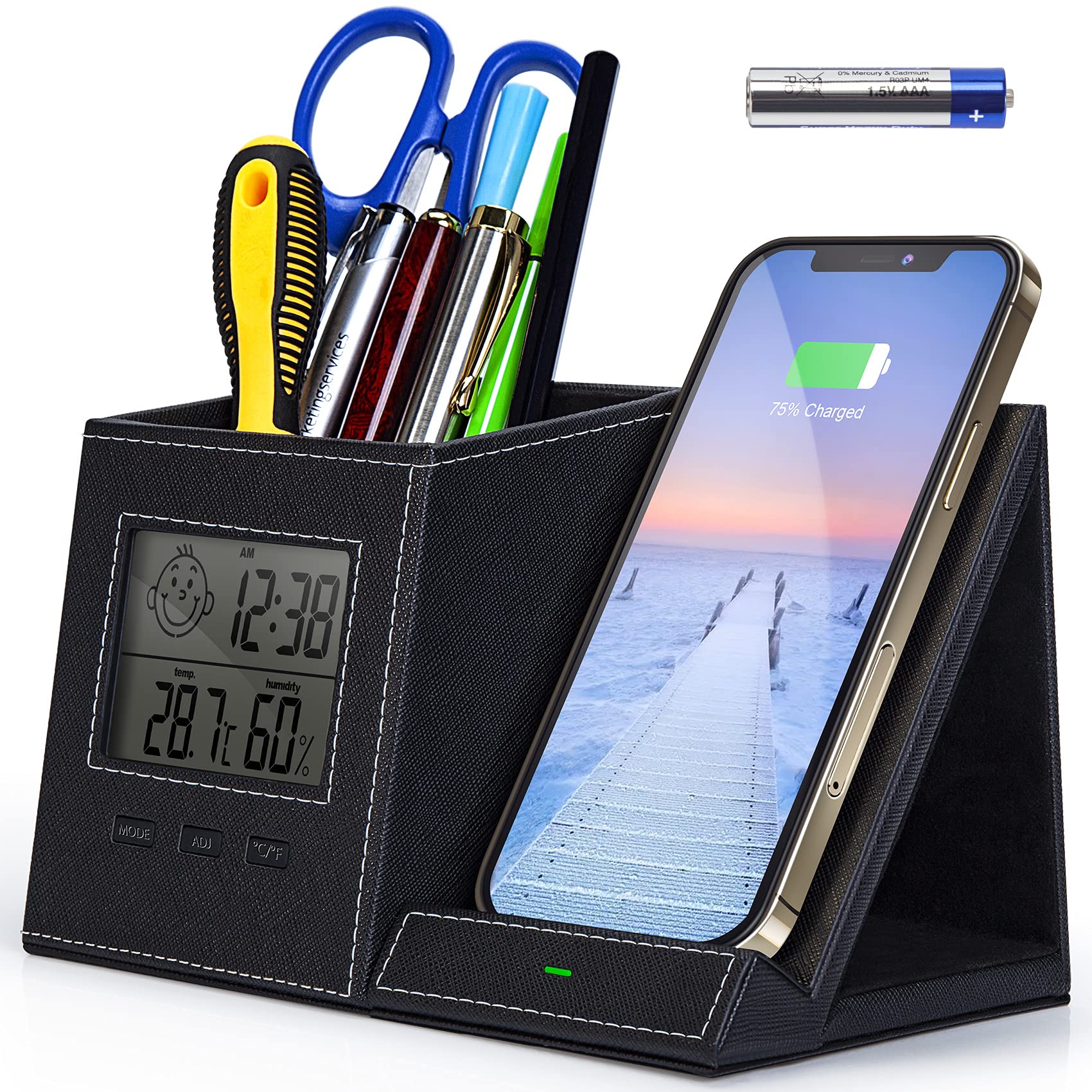 Multifunctional Desk Organizer with Wireless Charger, Digital Thermometer & Humidity Gauge - Pen Holder & Storage Solution for Home Office | Perfect for Workspace Organization & Gift Idea