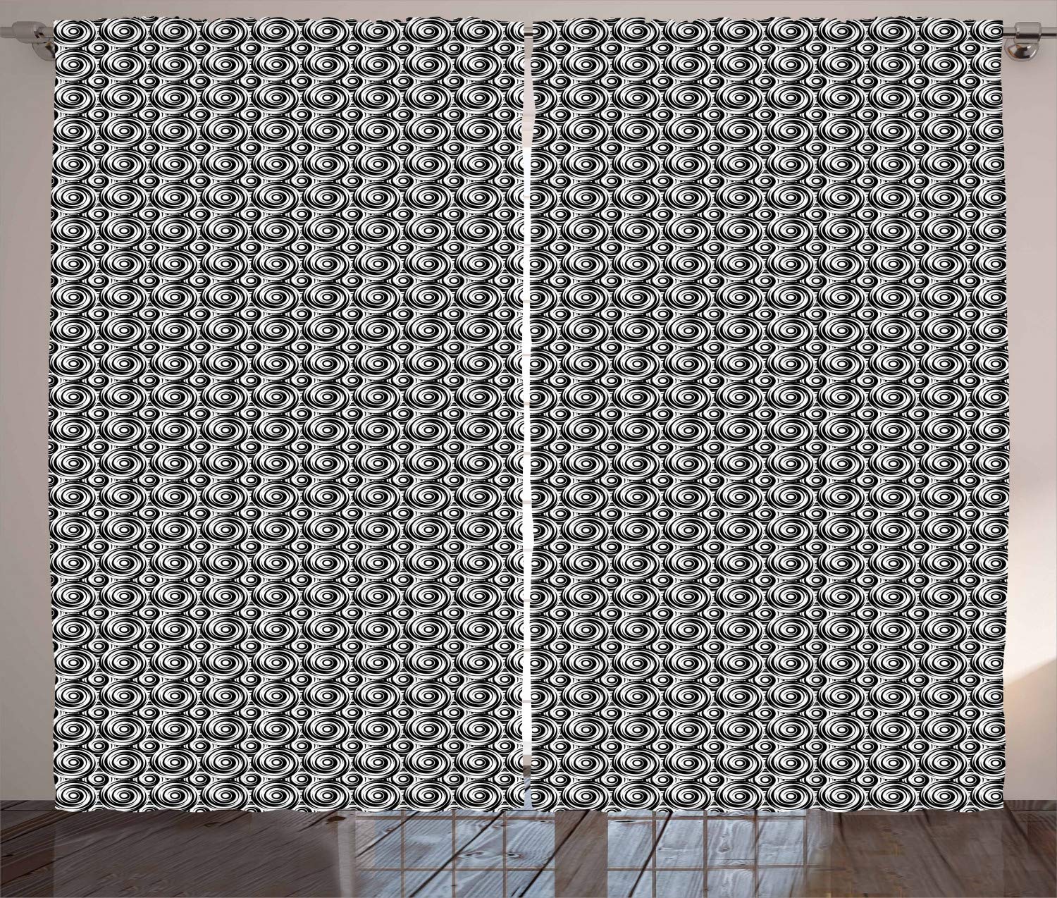 Ambesonne Modern Black and White Spiral Symmetric Circles Grunge Graffiti Gothic Minimalist Curtains - 2 Panel Set, 108