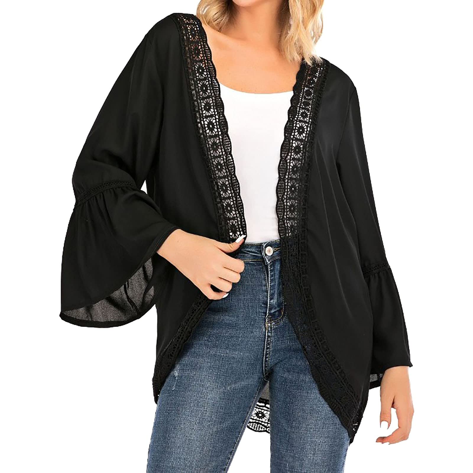 Women's Chiffon Lace Long Sleeve Cardigan - Lightweight Spring Summer Cover Up Jacket for Casual Wear, Office, and Evening Outfits