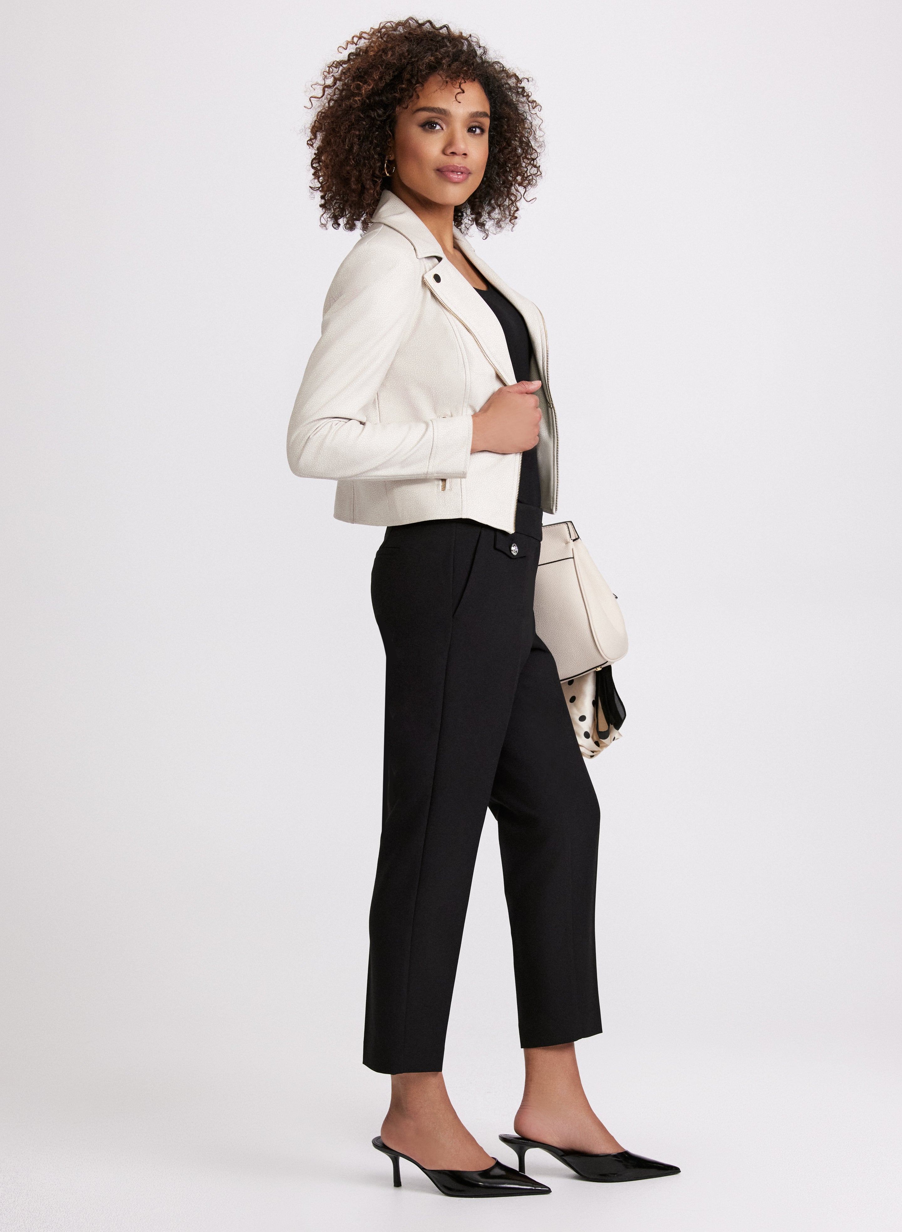 Emma Embossed Button Slim Leg Pants for Women - High Waisted Stretch Work Pants, Office & Business Casual Trousers - Perfect for Work, Travel & Everyday Wear