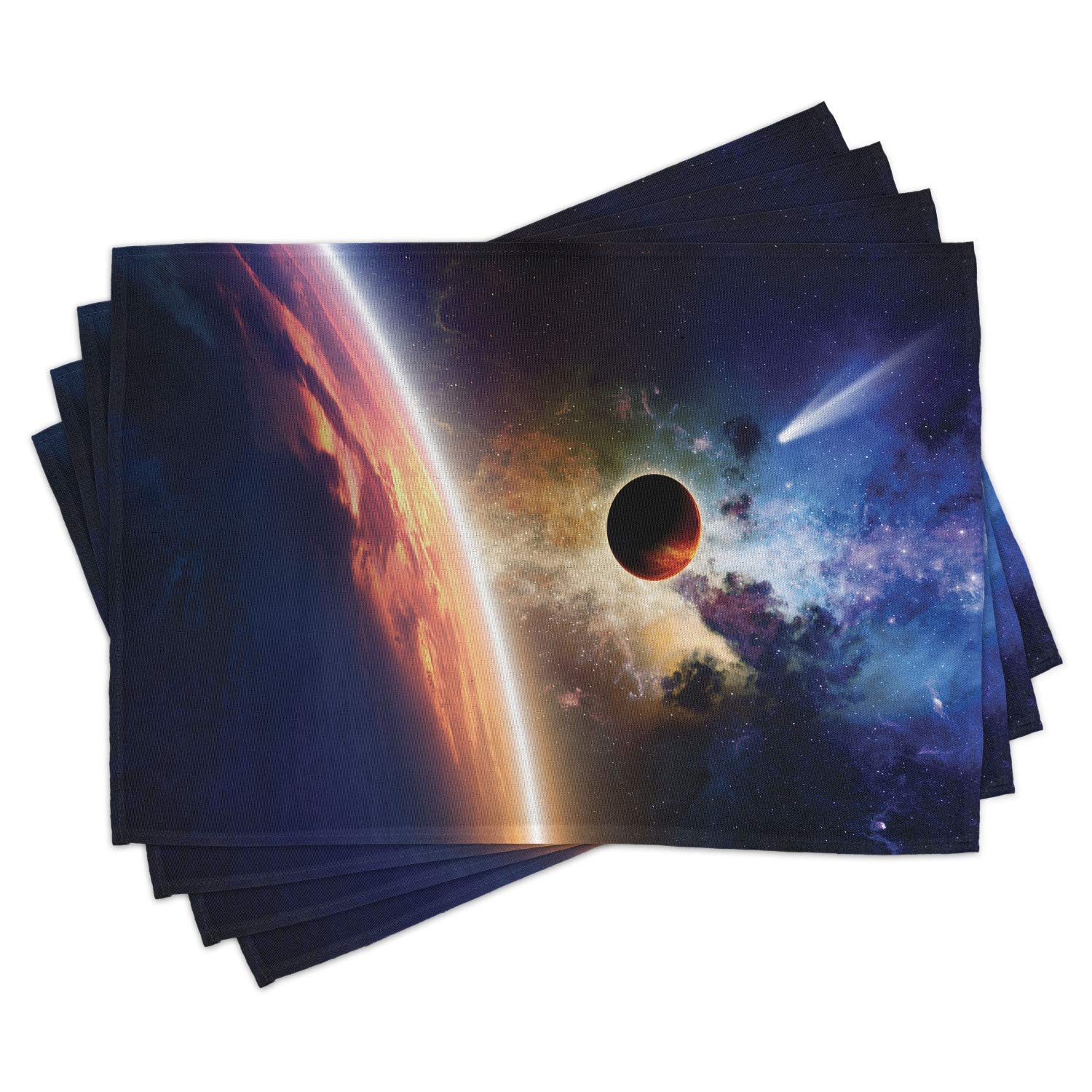 Ambesonne 4-Piece Outer Space Placemats Set - Comet & Vibrant Planet Solar System Design, Washable Fabric Table Mats for Dining Room & Kitchen Decor (Red/Blue) - Perfect for Sci-Fi Themed Parties, Astronomy Lovers & Modern Home Decor