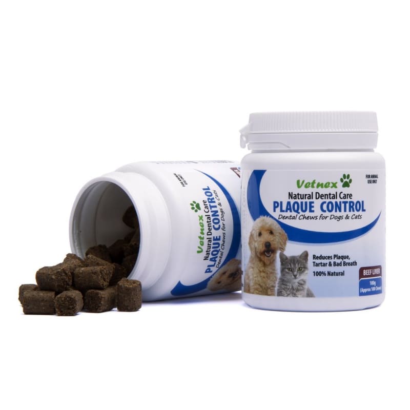 Vetnex Plaque Control Dental Chews for Dogs & Cats - Beef Liver Flavor, 100 Count - Promotes Oral Health & Fresh Breath for Pets at Home