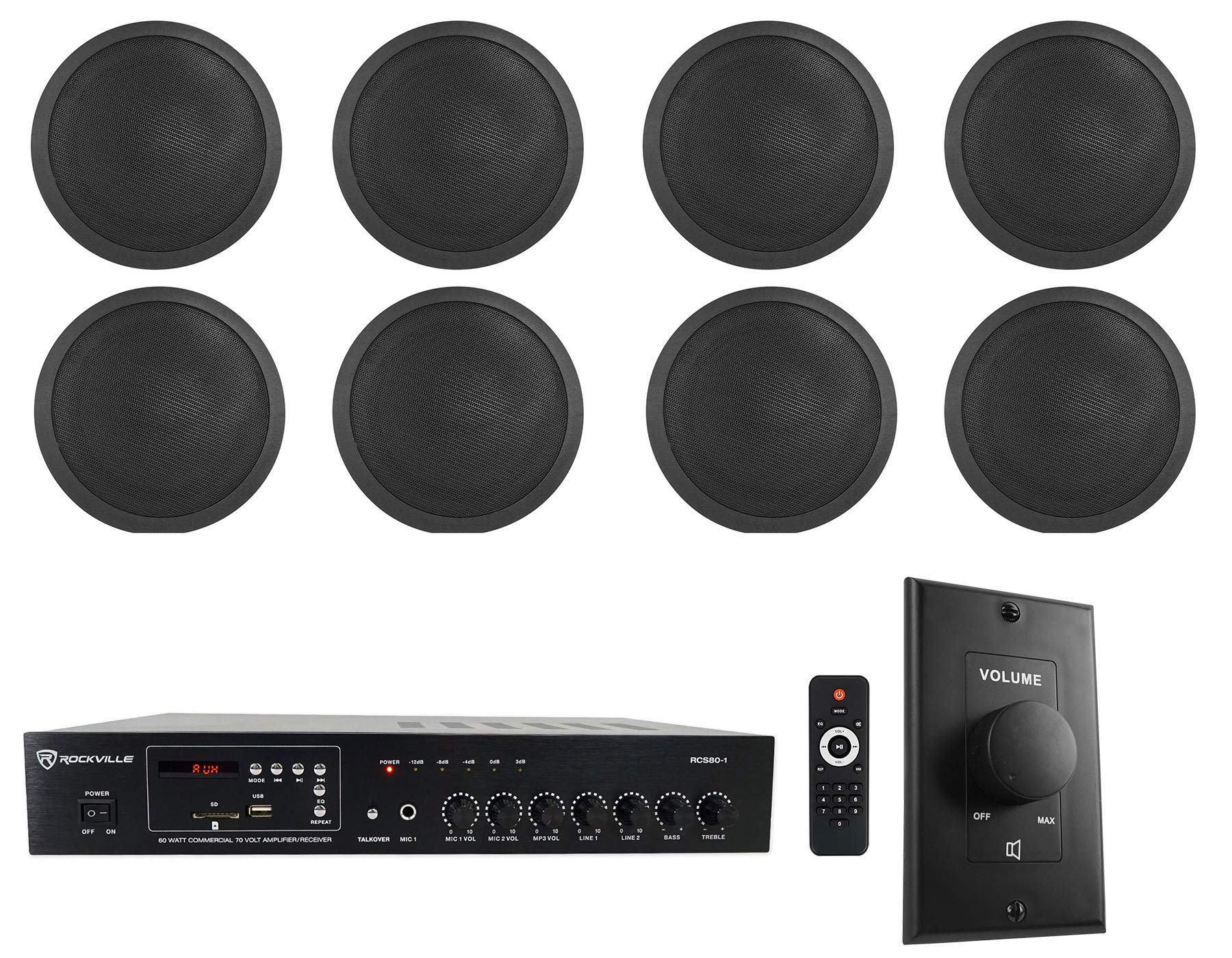 Rockville Commercial Restaurant Amplifier with 8 Black 5-Inch Ceiling Speakers & Wall Control - Perfect for Restaurants, Bars, and Event Spaces