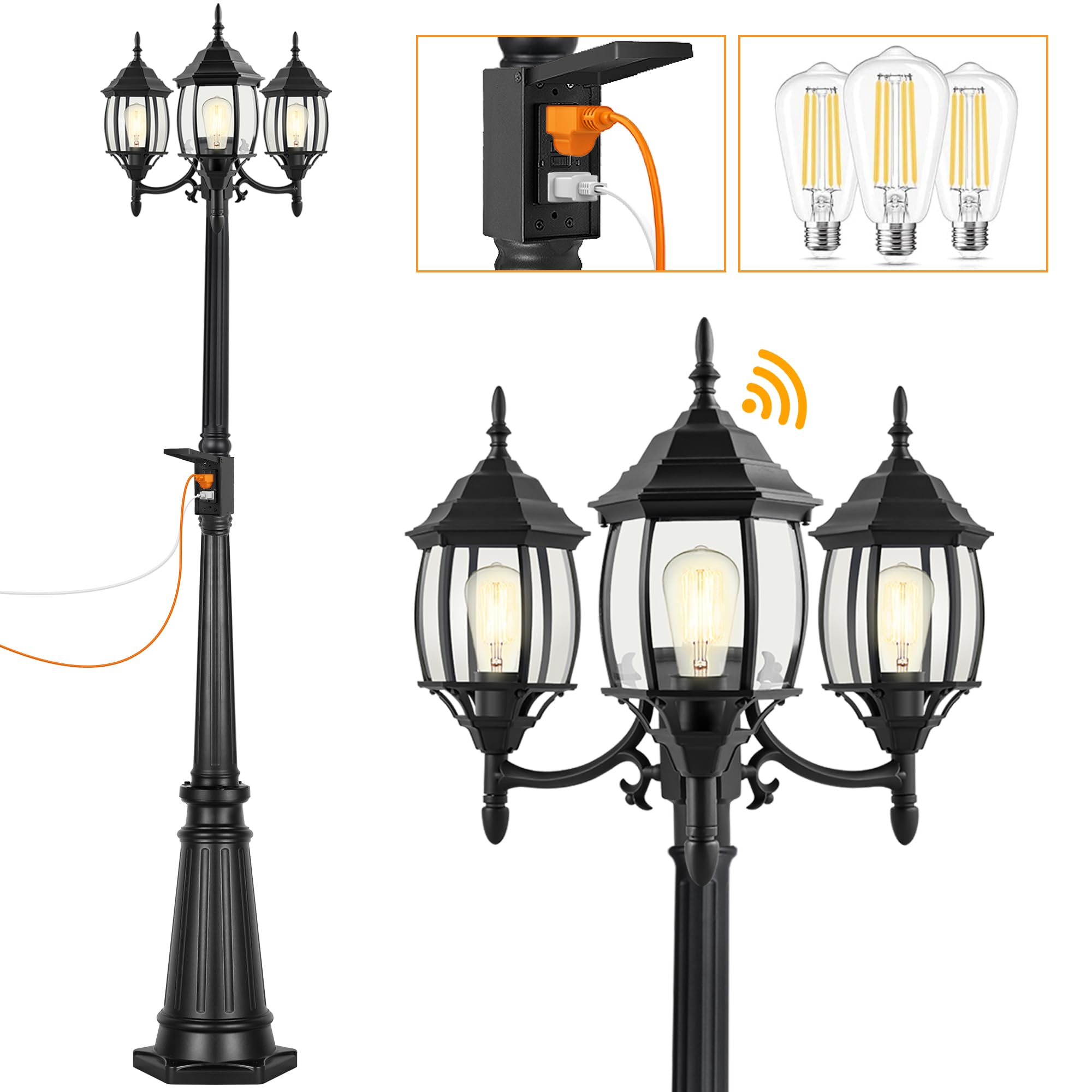 Dusk to Dawn Outdoor Lamp Post Light with GFCI Outlet - 3-Head Classic Black Light Pole with Glass Panels (3 LED Bulbs Included) - Waterproof Aluminum Street Light for Backyard, Garden, Driveway, Patio & Walkway Lighting
