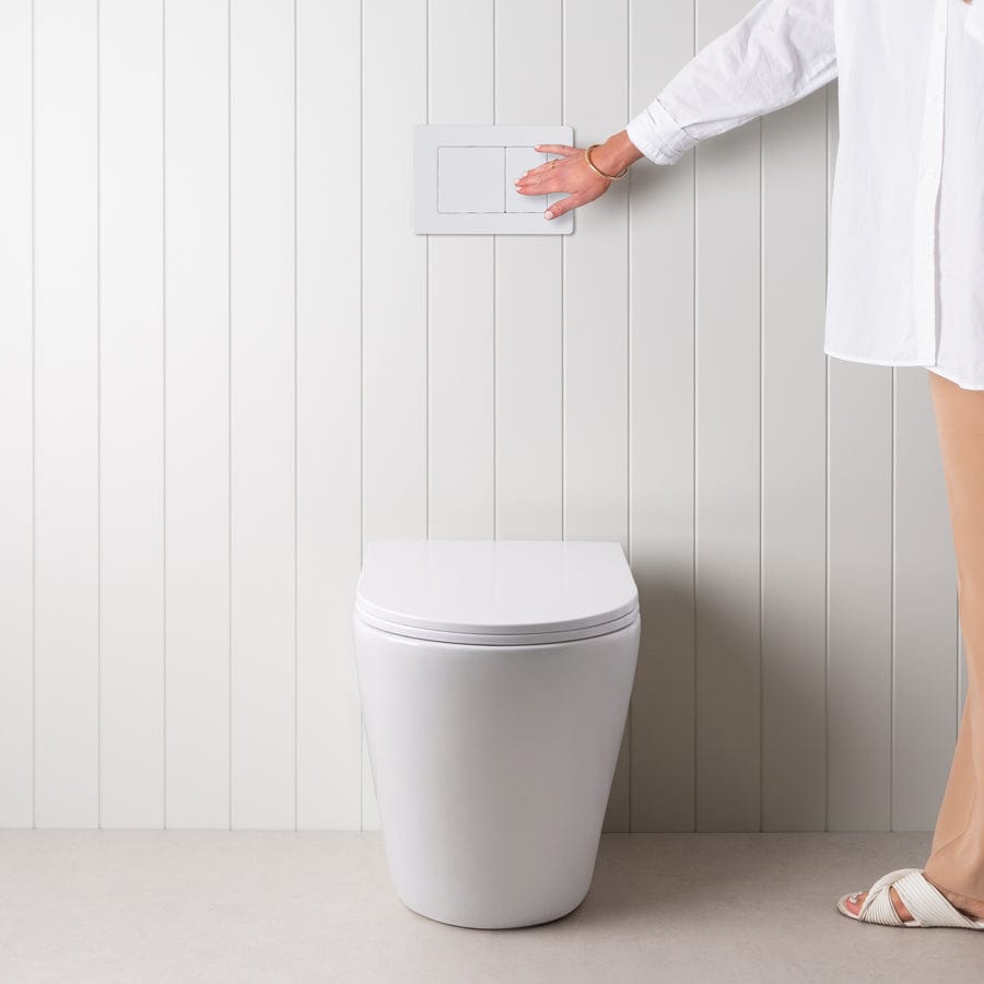 Angled In-Wall Toilet with Rectangle Matte White Buttons - Modern Space-Saving Bathroom Solution for Small Spaces & Contemporary Homes