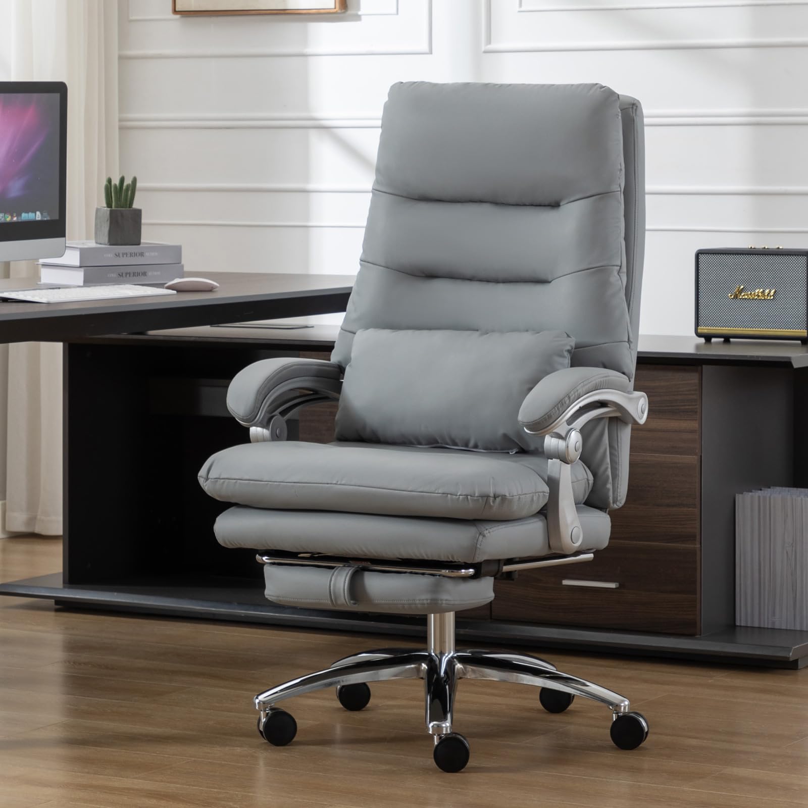 Ergonomic Office Chair with Footrest & High Back Support - Executive Desk Chair with Padded Linkage Armrests, Reclining Wheels & Double Thick Cushion - Gray Comfortable Chair for Home Office, Gaming & Workspace