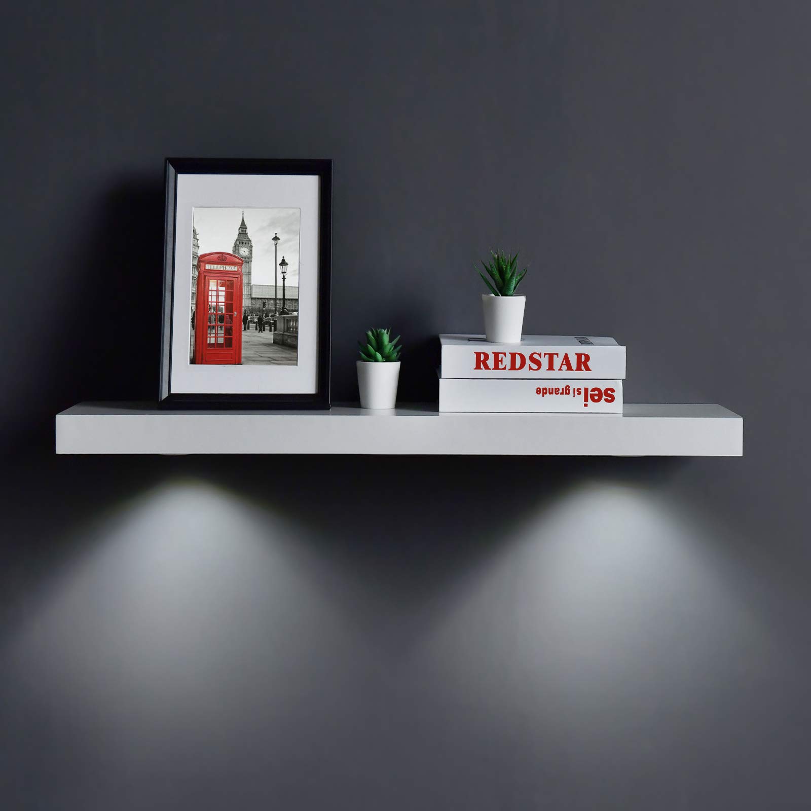 WELLAND 36-Inch White Floating Shelf with Touch-Sensing LED Light - Battery Powered Wall Mounted Display Shelf for Living Room, Bedroom, Kitchen, Bathroom & Entryway - Perfect for Decor, Storage & Ambient Lighting