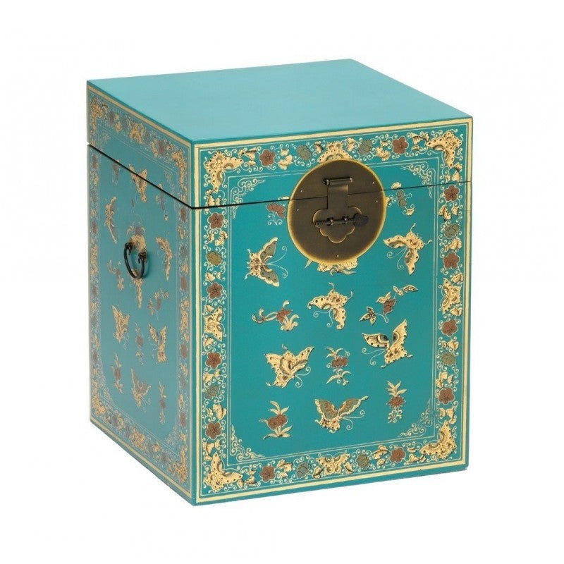 Golden Dragon Oriental Painted Solid Wood Decorative Blue Chest 45x45x50cm - Handcrafted Asian Home Decor for Living Room, Bedroom & Office Storage
