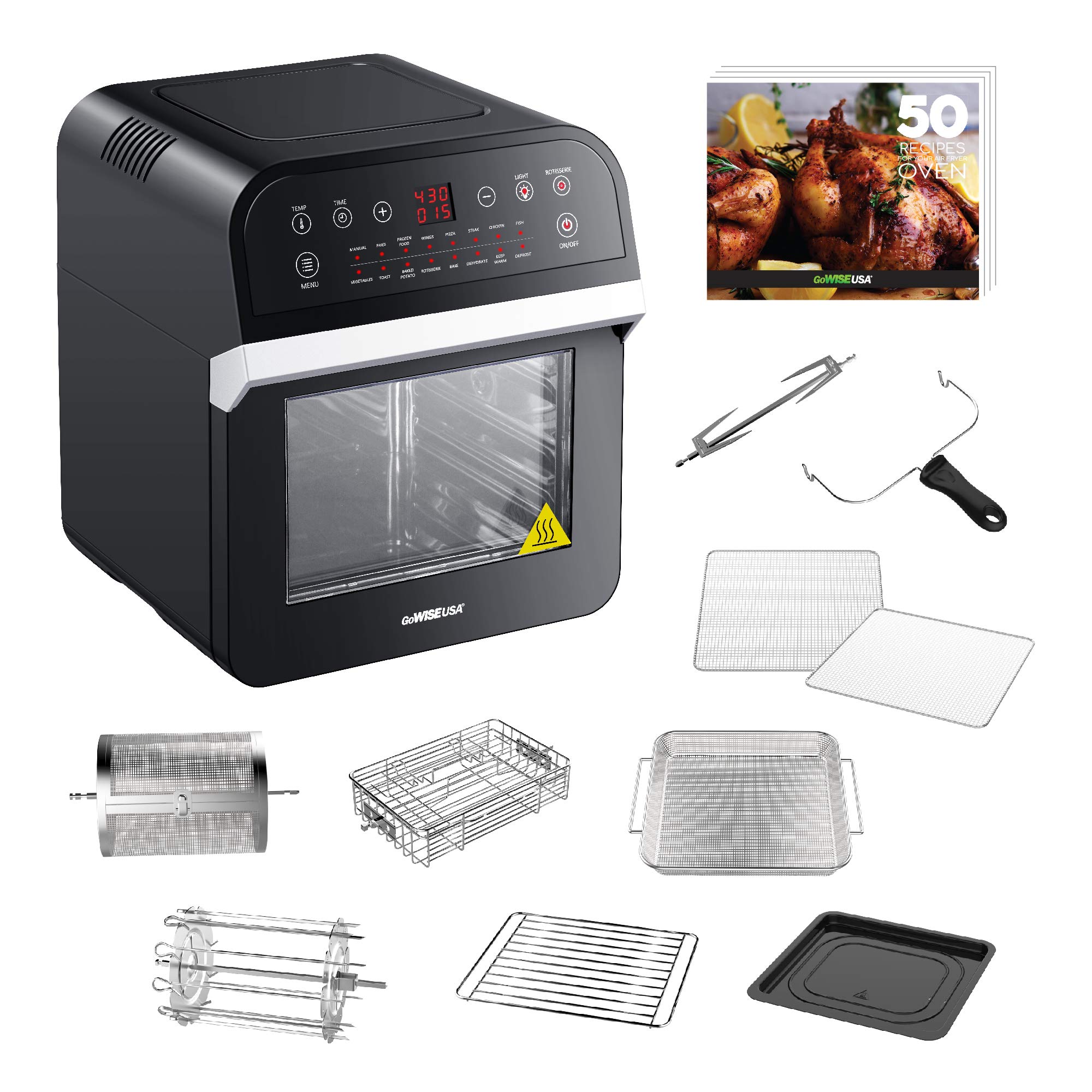 GoWISE USA GW44800-O 12.7-Quart 15-in-1 Digital Air Fryer Oven with Rotisserie & Dehydrator - Large Capacity Electric Air Fryer for Healthy Cooking - Includes 50 Recipes & Accessories - Perfect for Baking, Roasting, and Meal Prep (Black/Silver)