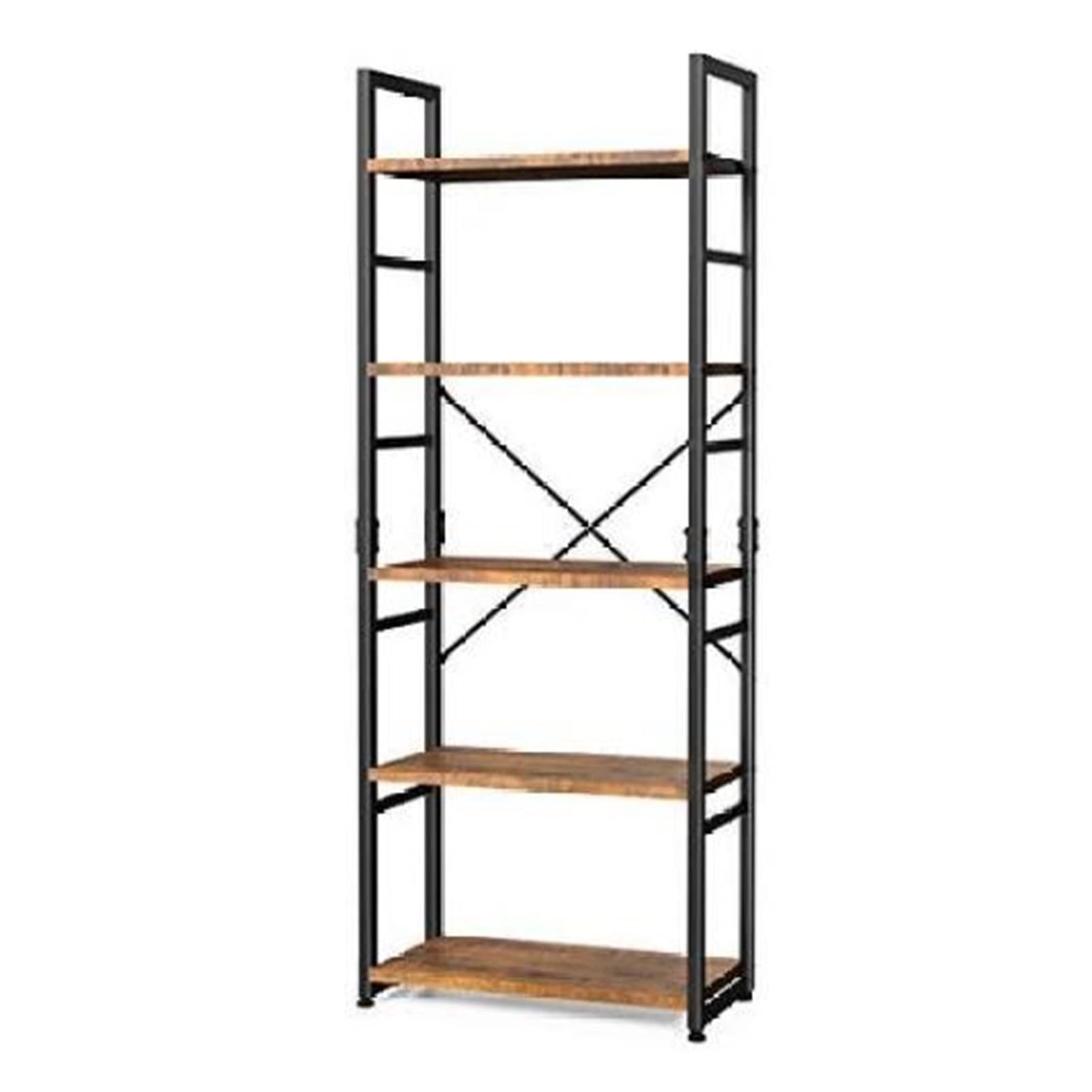 Modern 5-Tier Bookcase Ladder Shelf with Open Storage | Williamspace Rustic Black Wood & Metal Bookshelf | Perfect for Living Room, Office & Bedroom Organization