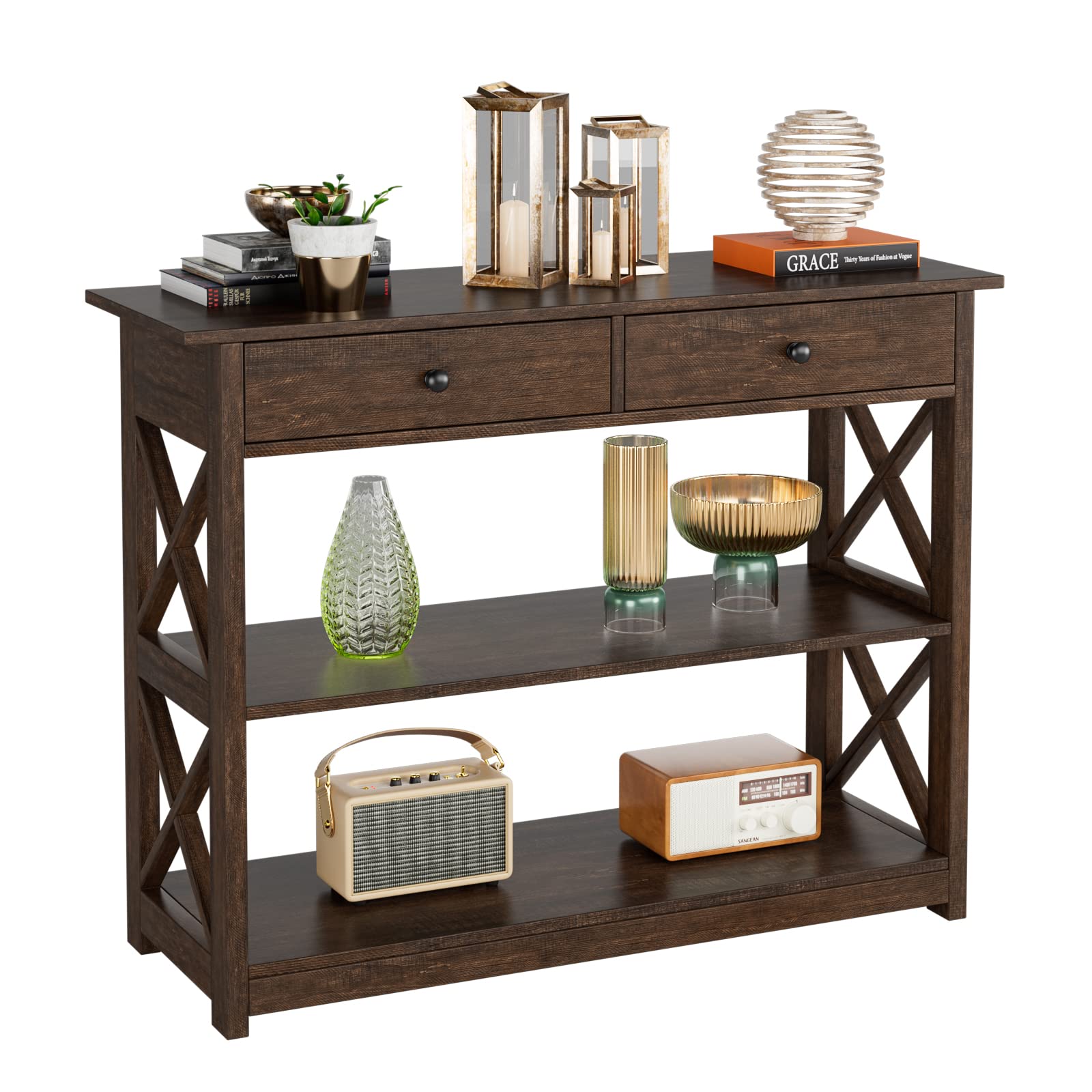 Rustic Wood Console Table with 3-Tier Storage Shelves & Drawers - Narrow Entryway Sofa Table for Living Room, Hallway, Foyer - Dark Brown | Perfect for Small Spaces & Home Organization