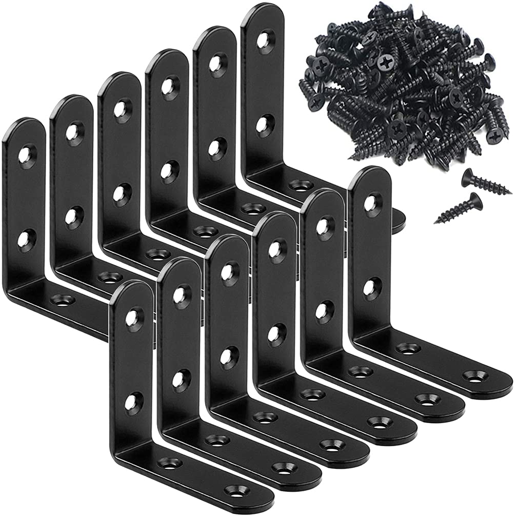12-Pack Heavy Duty Stainless Steel L Brackets (2.5 Inch) - Black Corner Braces for Shelves, Wood Furniture & Wall Mounting - 90 Degree Right Angle Brackets with Screws - Perfect for Home Organization, DIY Projects & Cabinet Reinforcement