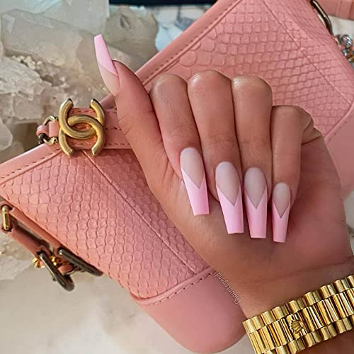 24PCS Acrylic Fake Nails Coffin Shape - French Ballet Frosted Full Cover Nail Tips for Women, DIY Manicure at Home, Perfect for Parties, Weddings & Special Occasions