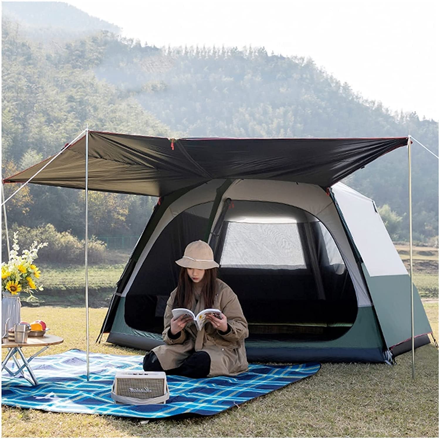8-Person Instant Pop-Up Cabin Tent with Sun Protection & Moisture-Resistant Mat - Easy Setup Camping Tent for Family Outdoor Adventures, Hiking, and Backyard Camping