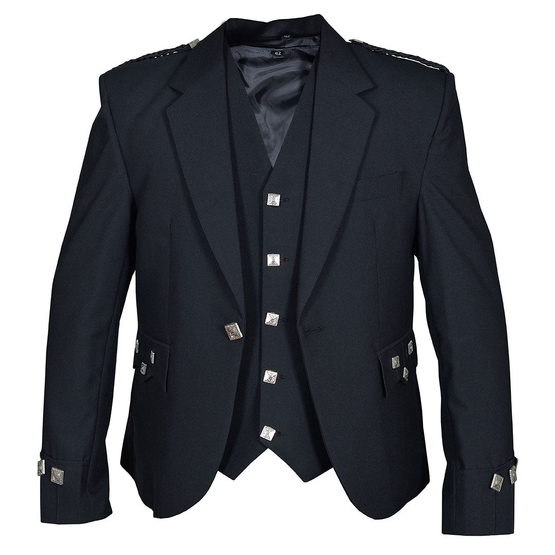 Men's Classic Argyll Jacket - Black Barathea Wool with 5-Button Vest & Gauntlet Cuffs | Formal Wear, Scottish Highland Dress, Wedding Attire, Special Occasion Outfit
