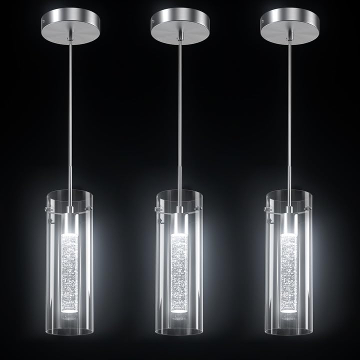 Modern LED Crystal Pendant Ceiling Light Fixture - 3 Pack Bubble Glass Kitchen Island Hanging Lights for Dining Room, Bar, and Breakfast Nook - Energy Efficient Integrated 1-Light Fixture