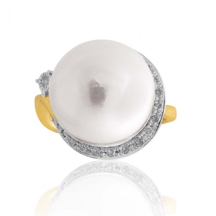 14-15mm White South Sea Pearl & 0.10ct Diamond Ring in 9K Yellow Gold - Elegant Jewelry for Weddings, Anniversaries & Special Occasions