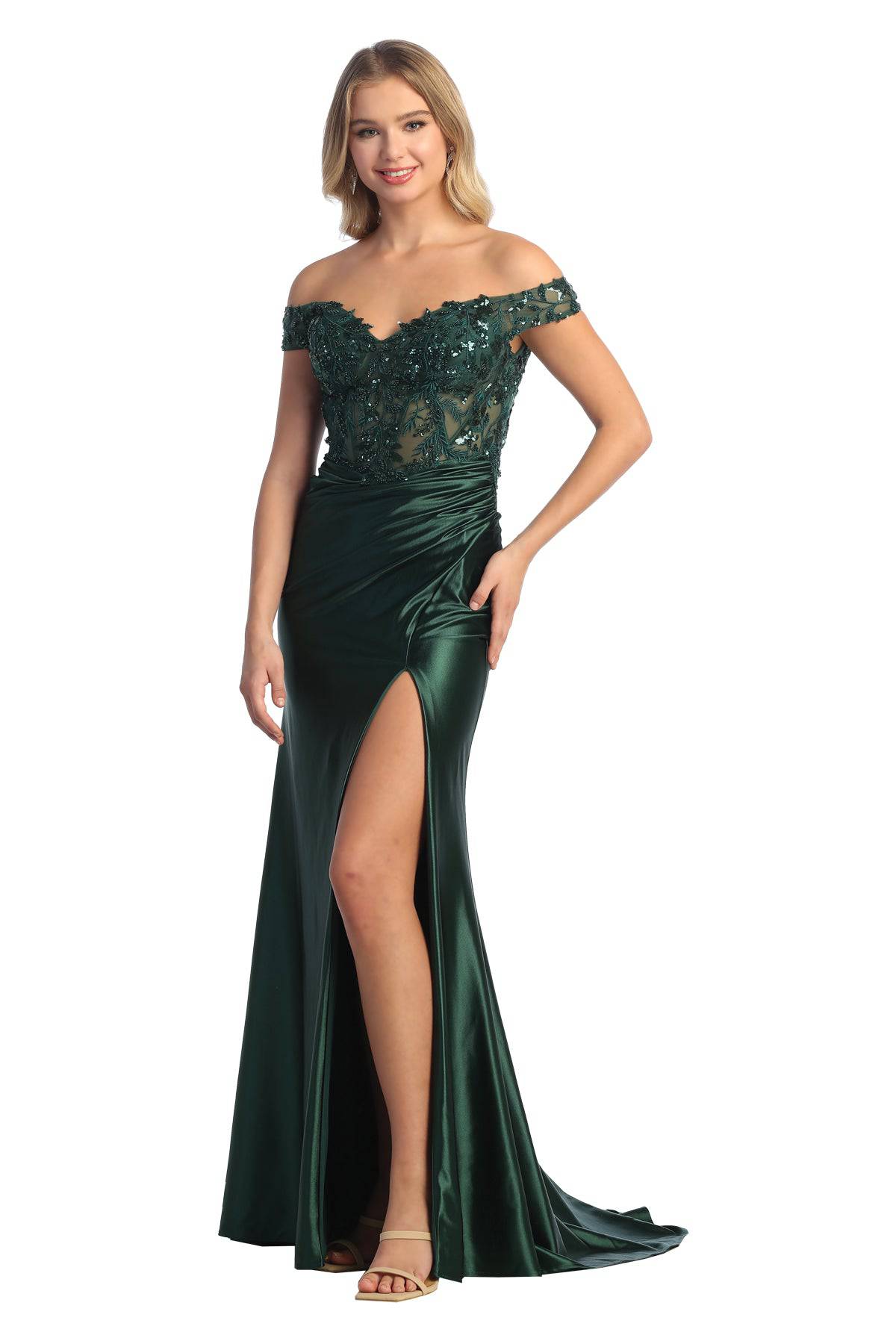 Elegant Off Shoulder Satin Lace Dress - Cindy Collection 50444 | Perfect for Evening Parties, Weddings & Special Occasions