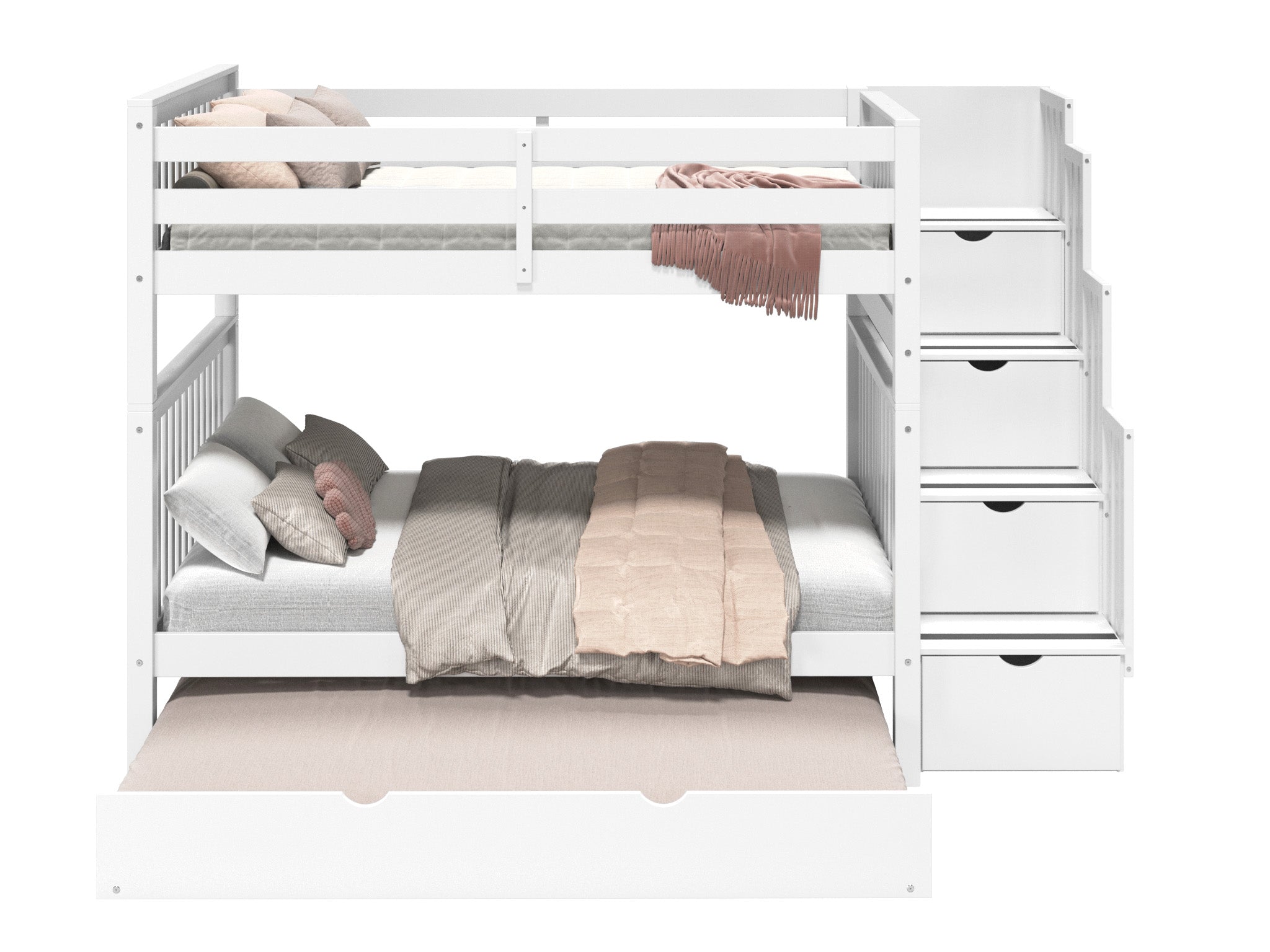 Full over Full Bunk Beds with Stairway & Trundle - White Twin Loft Bed for Kids & Teens - Space Saving Bedroom Furniture for Small Rooms, Guest Rooms & Vacation Homes