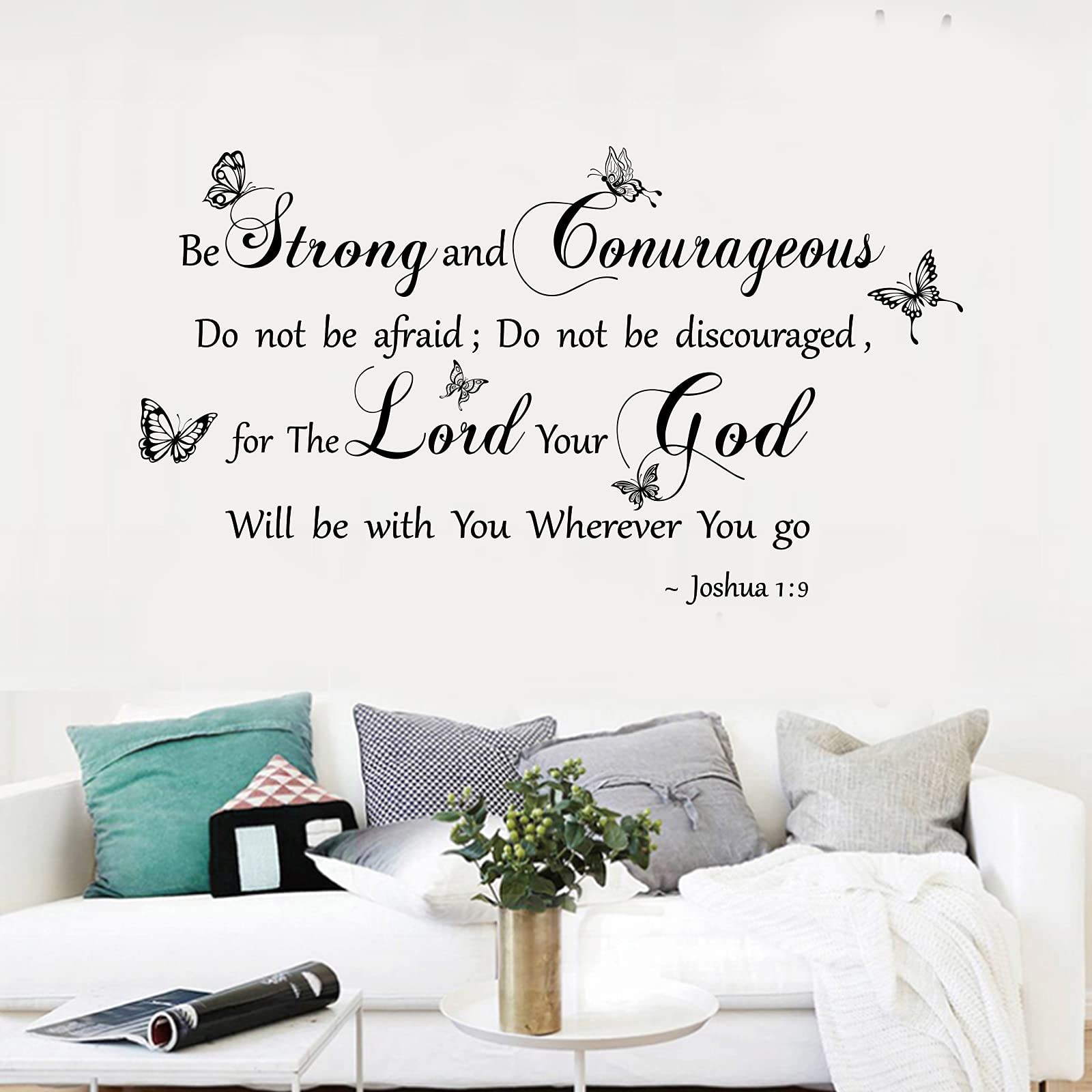 ORIGACH Joshua 1:9 Bible Verse Wall Decals - Religious Quote Stickers 'Be Strong & Courageous' for Home, Church & Office Decor - Inspirational Christian Wall Art for Living Room, Bedroom & Prayer Space