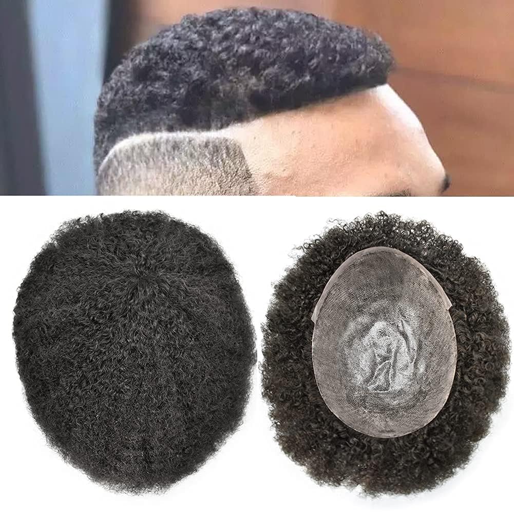 Afro Toupee for Black Men - Kinky Curly Brazilian Human Hair Piece - African American Afro Wavy Men's Toupee Hairpieces - Full Poly Thin Skin Replacement System (8