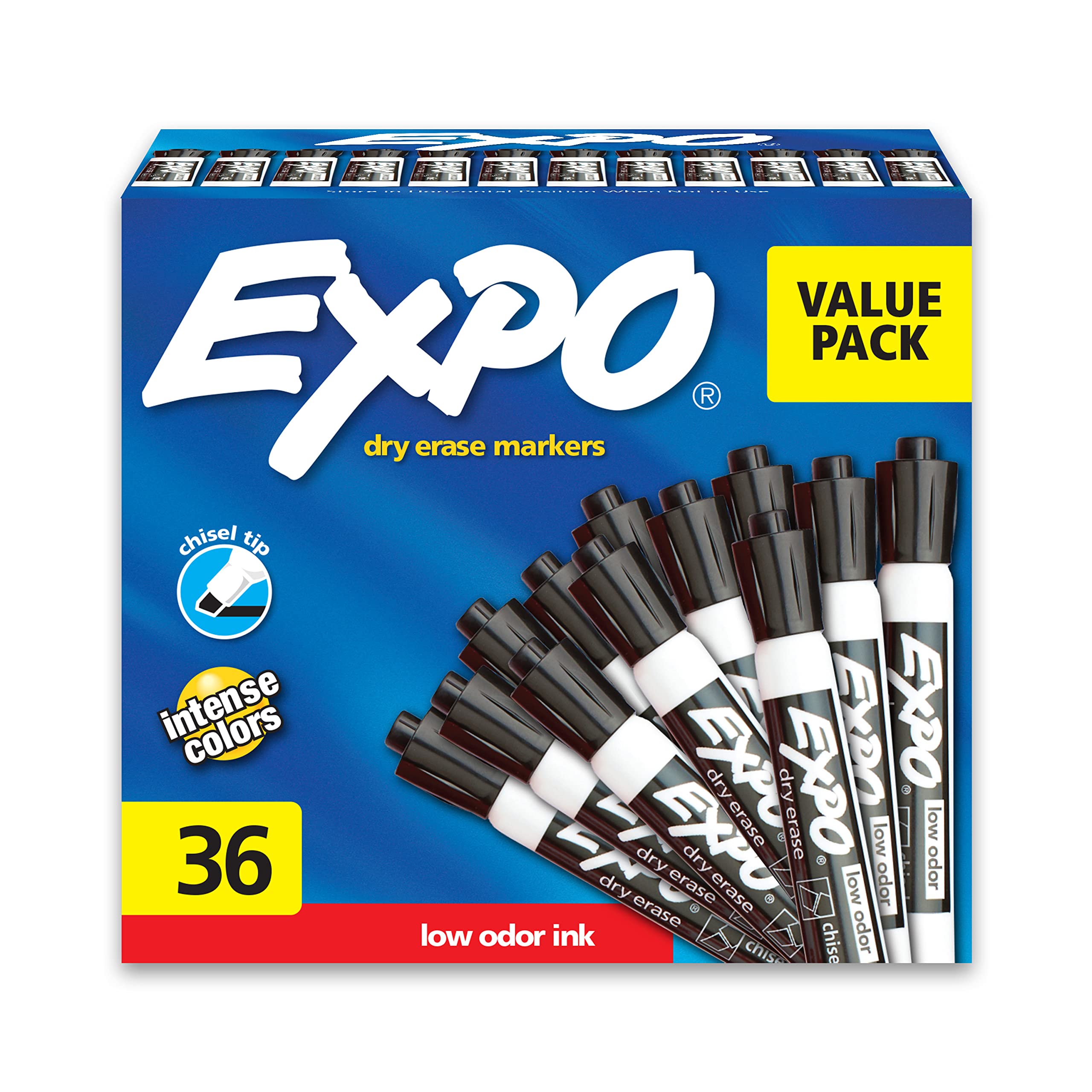 EXPO Low Odor Dry Erase Markers - Chisel Tip Whiteboard Markers, 36-Pack Black - Perfect for Office, Classroom & Home Use