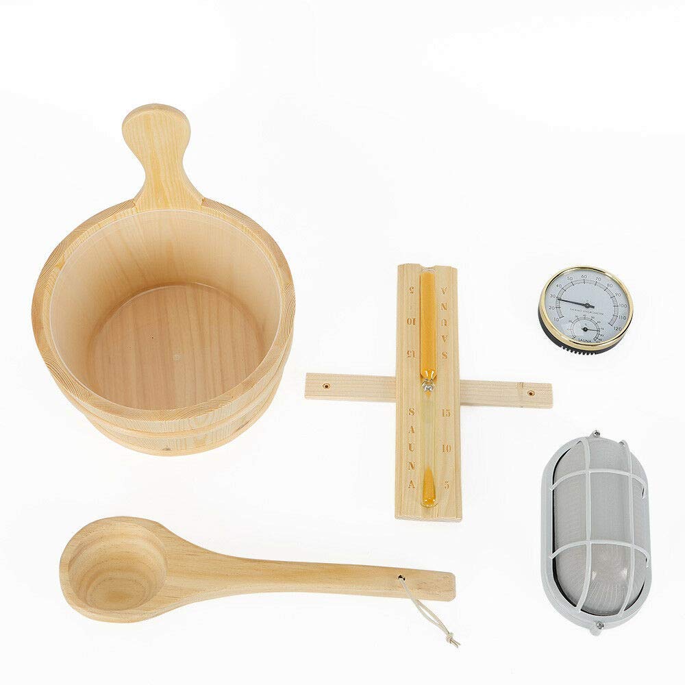 Premium 5-Piece Wooden Sauna Bucket Set with Hourglass Thermometer & Wooden Spoon - Spa & Steam Room Accessories for Home & Commercial Use - Perfect for Relaxation, Aromatherapy & Wellness Retreats