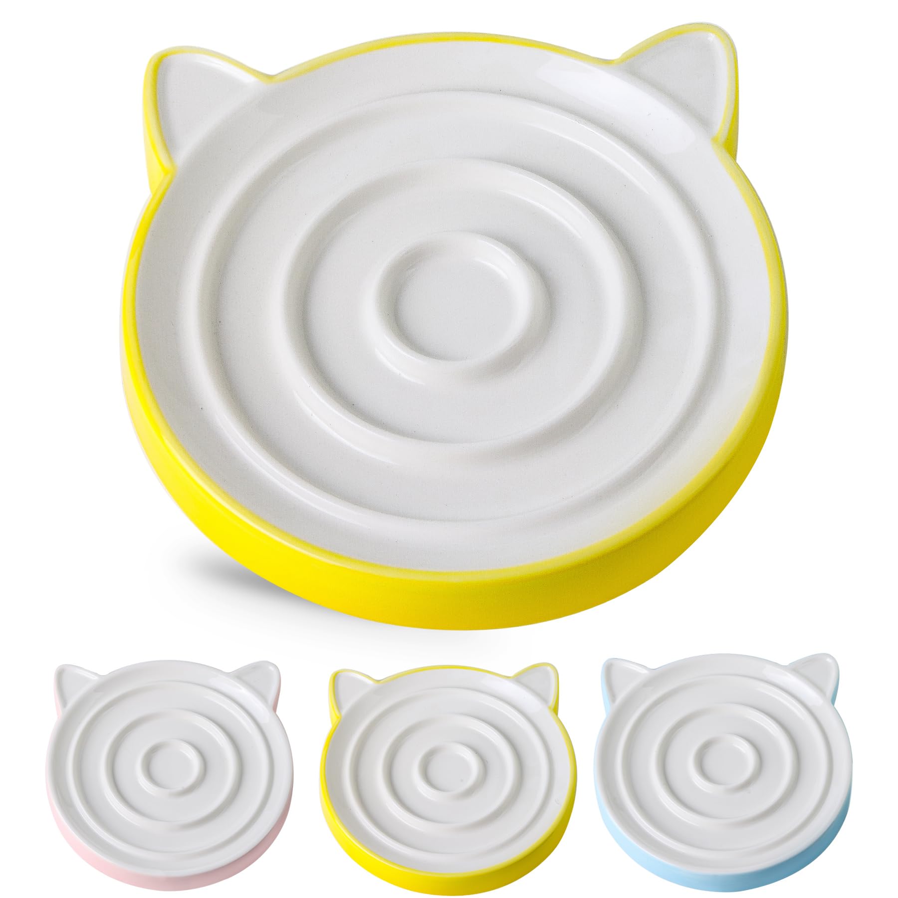 Cat Slow Feeder Bowl - 8.8'' Ceramic Puzzle Feeder with Cat Ears Design, Heavy & Shallow Whisker-Friendly Pet Dish for Stress-Free Eating - Perfect for Fast Eaters & Portion Control (Yellow)