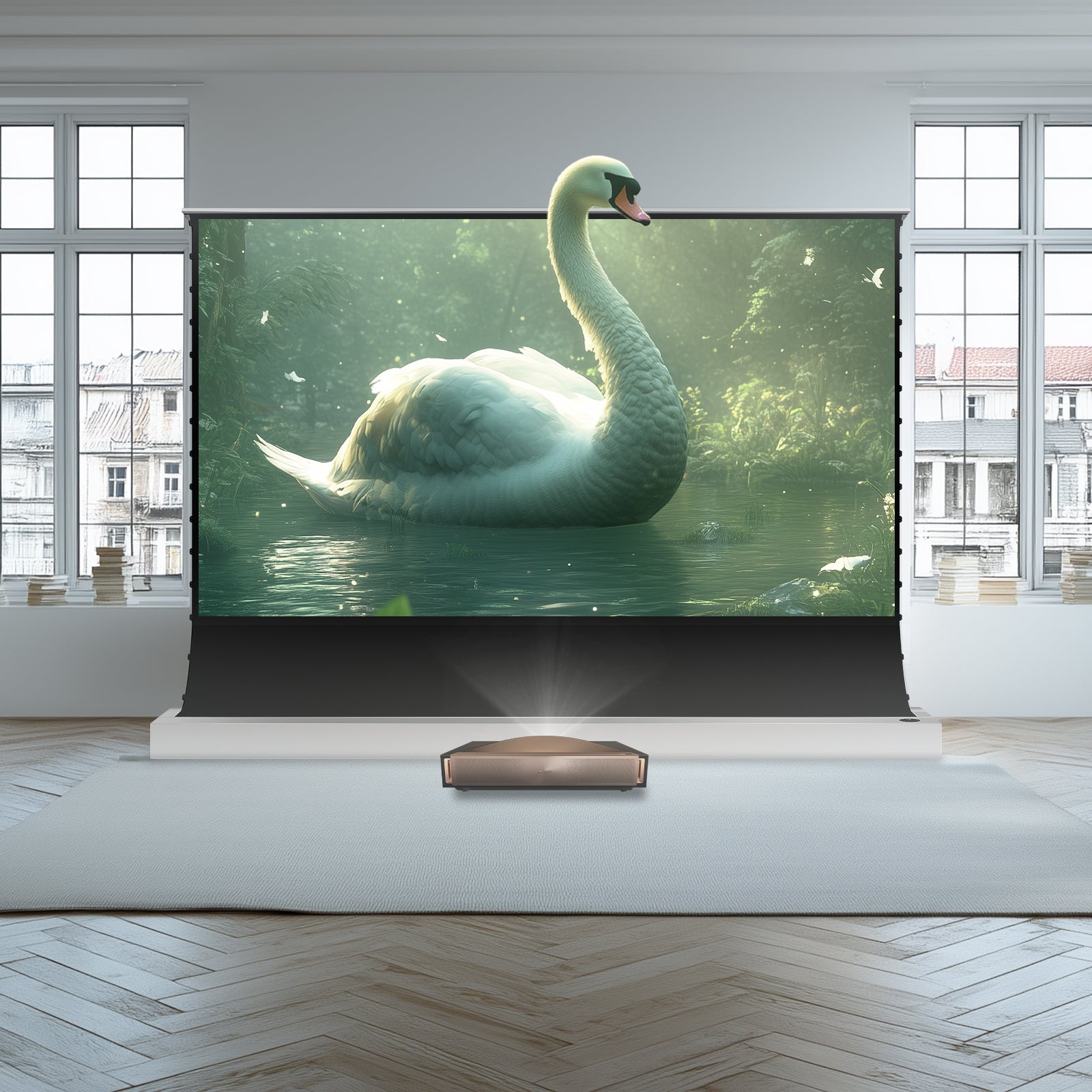 Hisense L9Q Triple Laser Ultra Short Throw Projector Bundle with VIVIDSTORM S PRO 120-inch Electric Tension Floor Screen - 4K Home Theater System for Living Room, Gaming & Outdoor Movie Nights