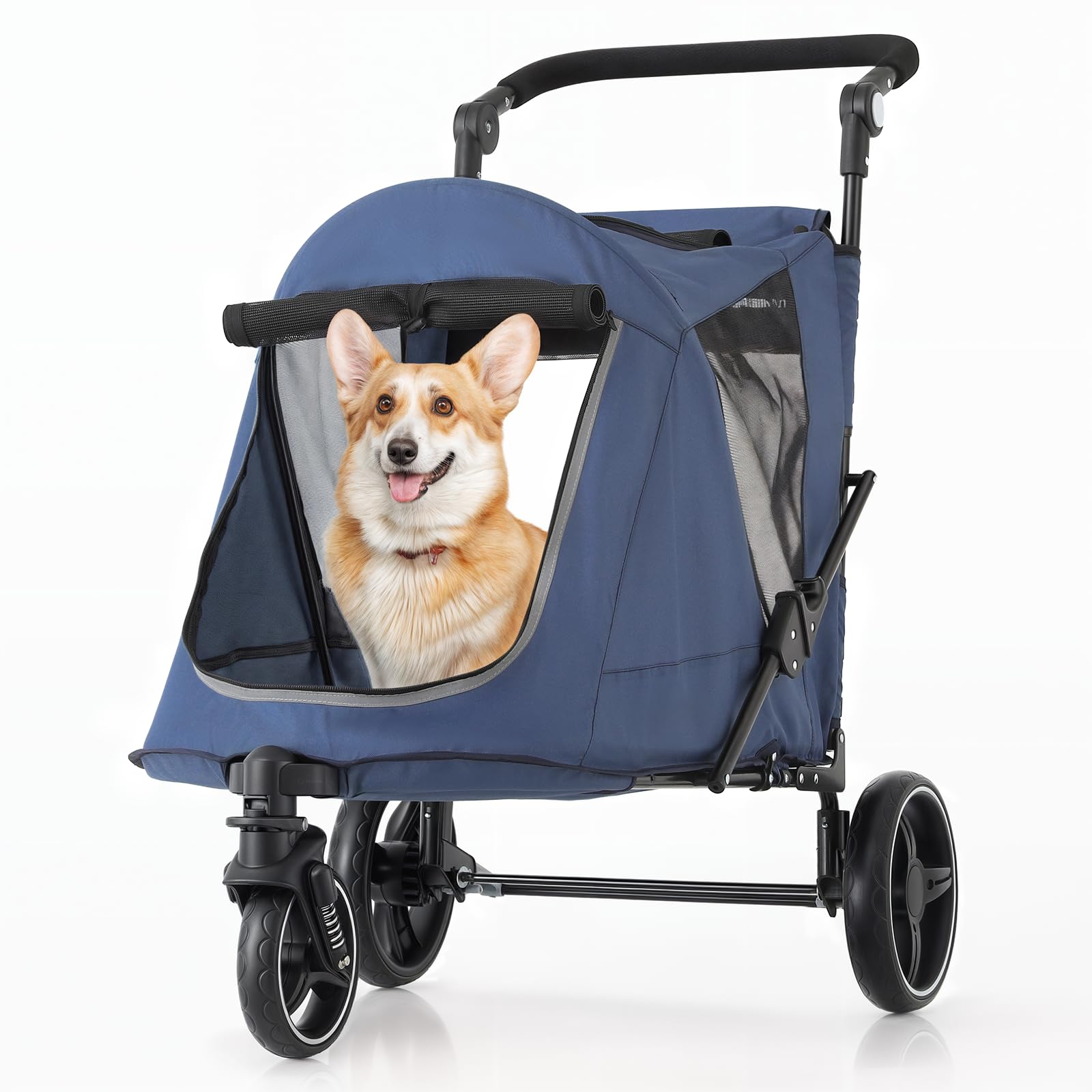 Premium 3-Wheel Pet Stroller for Large Dogs & Cats - Adjustable Handle, Dual Entry, Foldable Design (Up to 55 lbs) - Navy Blue Dog Wagon for Park Walks, Vet Visits & Shopping Trips