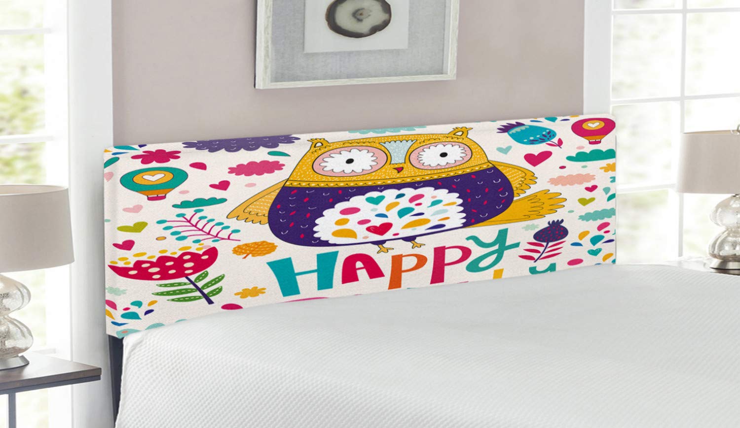 Ambesonne Funny Owl with Heart Leaves & Flowers Print Upholstered Metal Headboard - Queen Size Decorative Bed Headboard with Memory Foam | Perfect for Birthday Gifts, Kids Room Decor & Bedroom Makeover
