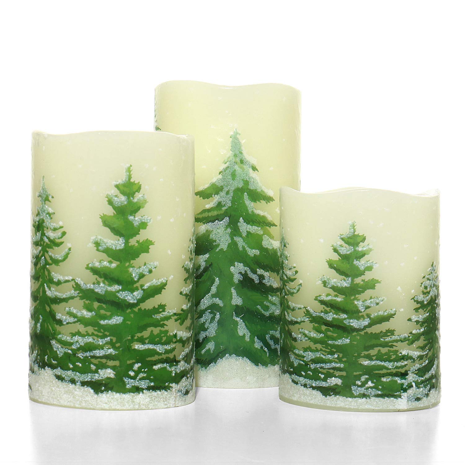 Battery Operated Flameless Candles with Timer - Set of 3 Real Wax Christmas Pillar Candles with Holiday Tree Design | Safe LED Flickering Candles for Home Decor, Party, Wedding & Christmas Celebration
