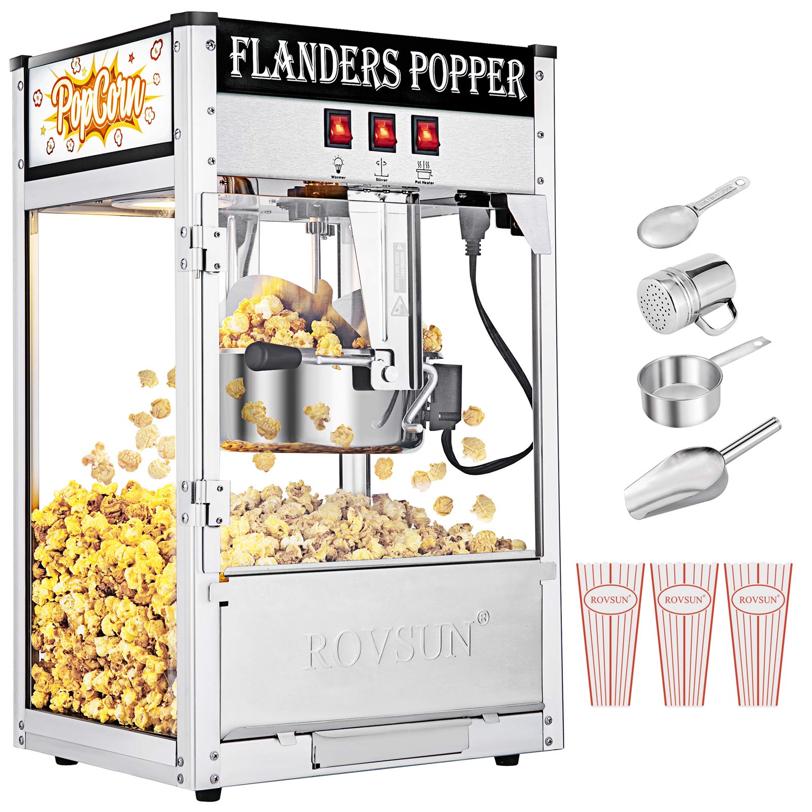 ROVSUN 8oz Commercial Popcorn Machine - Makes 32 Cups, Countertop Popcorn Popper with Stainless Steel Scoop, Oil Spoon & 3 Cups - Perfect for Home Theater, Movie Nights, Parties & Snack Bars (Black)