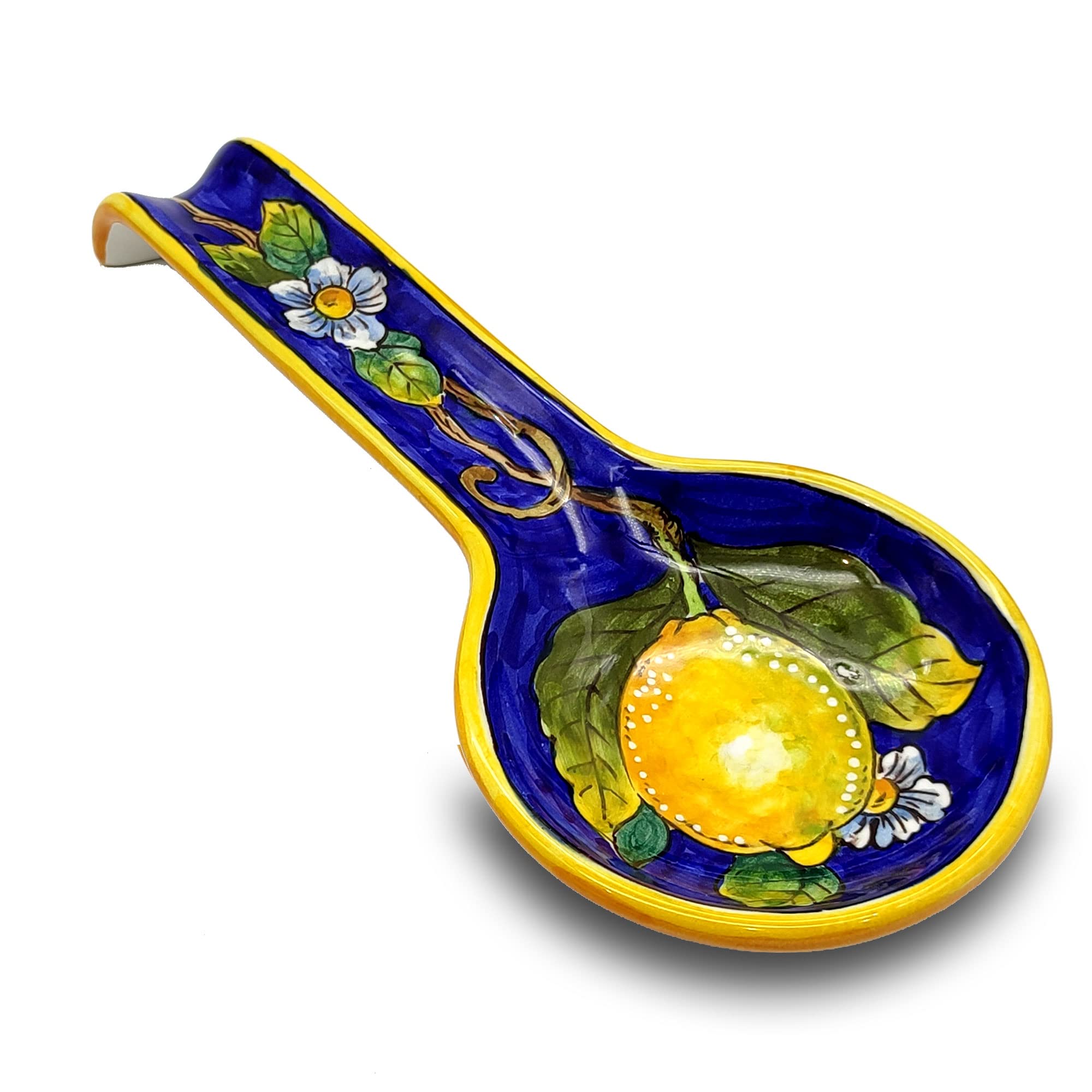 Italian Ceramic Spoon Rest for Kitchen Countertop - Hand Painted Lemon Blue Decor by Giotti Ceramiche - Made in Italy Tuscany - Stovetop Spoon Holder & Home Decor Pottery - Perfect for Cooking, Serving, and Kitchen Organization