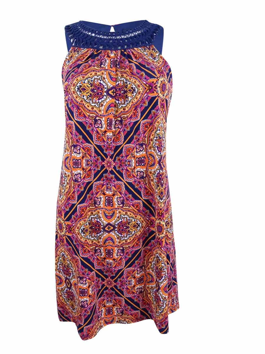 Jessica Howard Women's Floral Printed Crochet Trim Sleeveless Mini Dress - Summer Beach Party, Cocktail, Wedding Guest Outfit