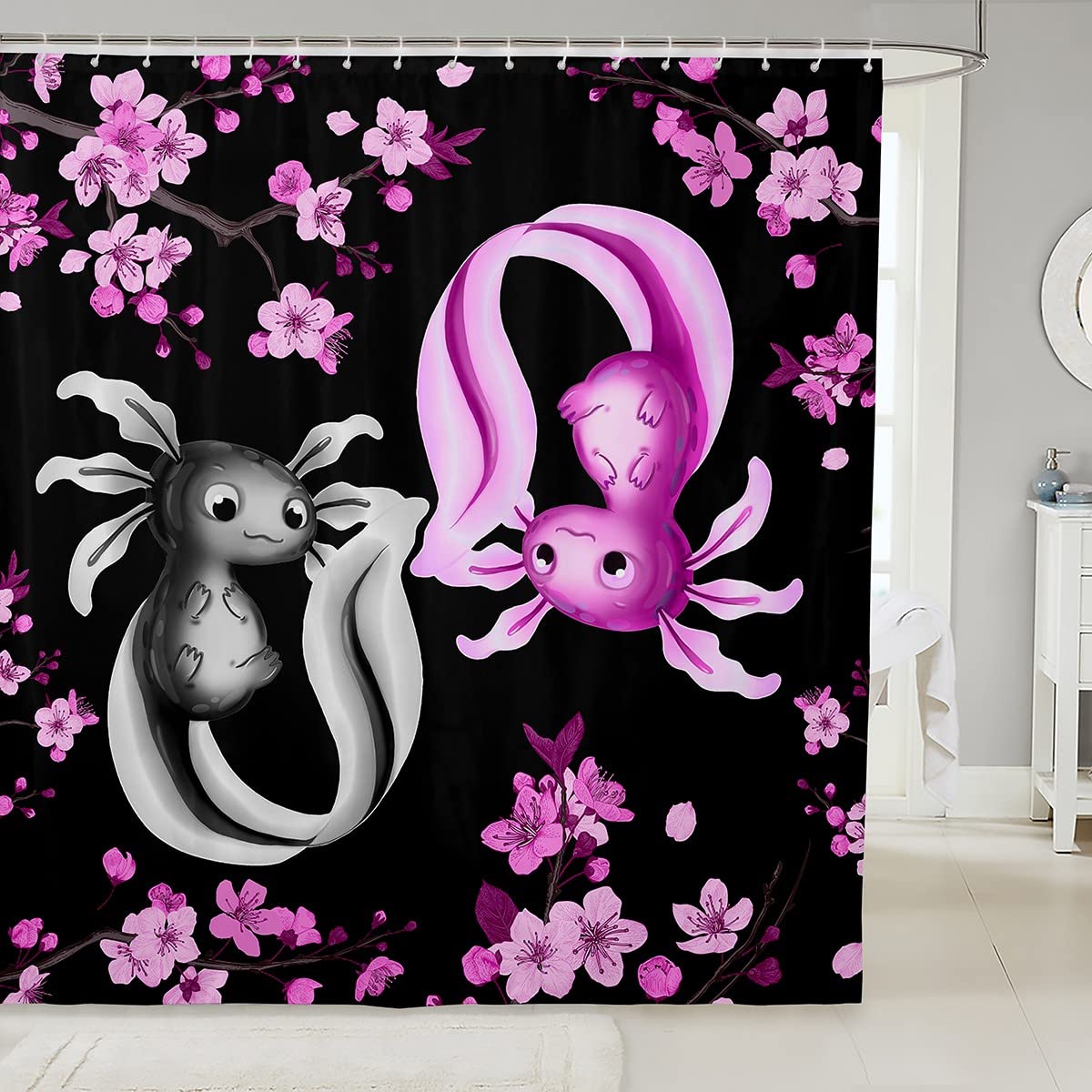 Cute Pink Black Floral Axolotl Shower Curtain 72x84 Inches - Kawaii Couple Axolotl Bathroom Decor with Cherry Blossoms Design - Waterproof Bath Sets for Kids, Teens & Anime Lovers (Perfect for Bathroom, Dorm, RV & Apartment Decor)
