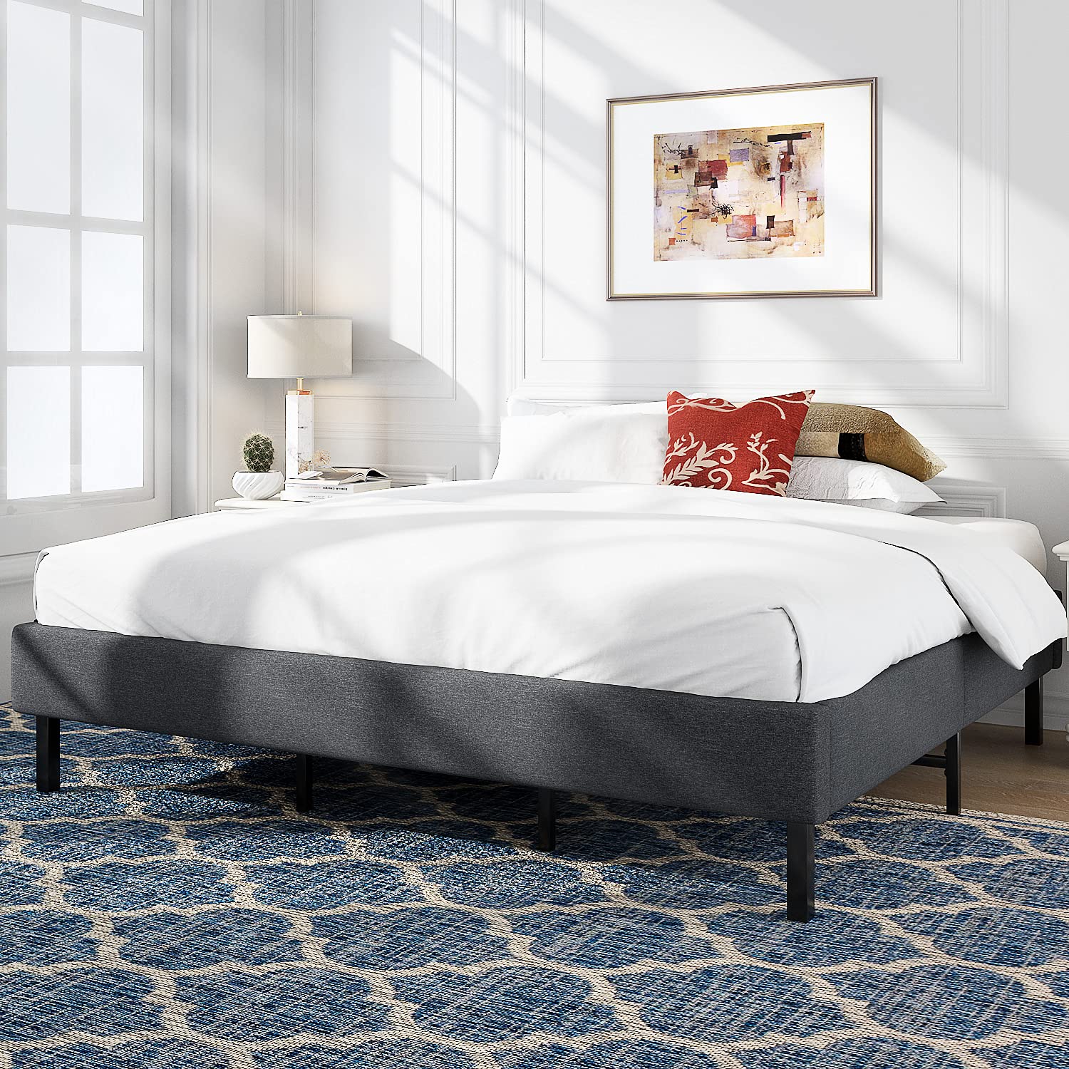 Allewie King Size Upholstered Platform Bed Frame with Wood Slats Support - No Box Spring Needed, Easy Assembly, Grey | Modern Bedroom Furniture for Master Suite & Guest Room